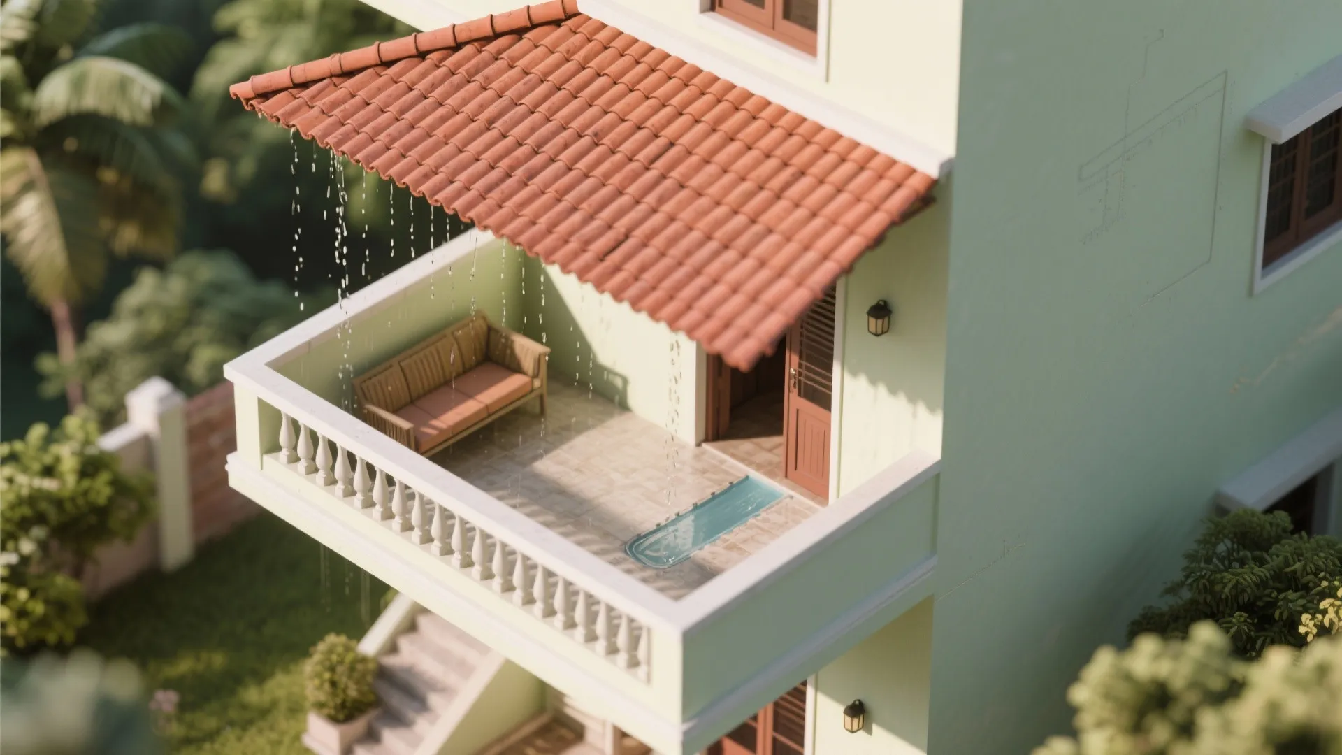 Sloping Clay Tile Canopy for Monsoon-Ready Shade