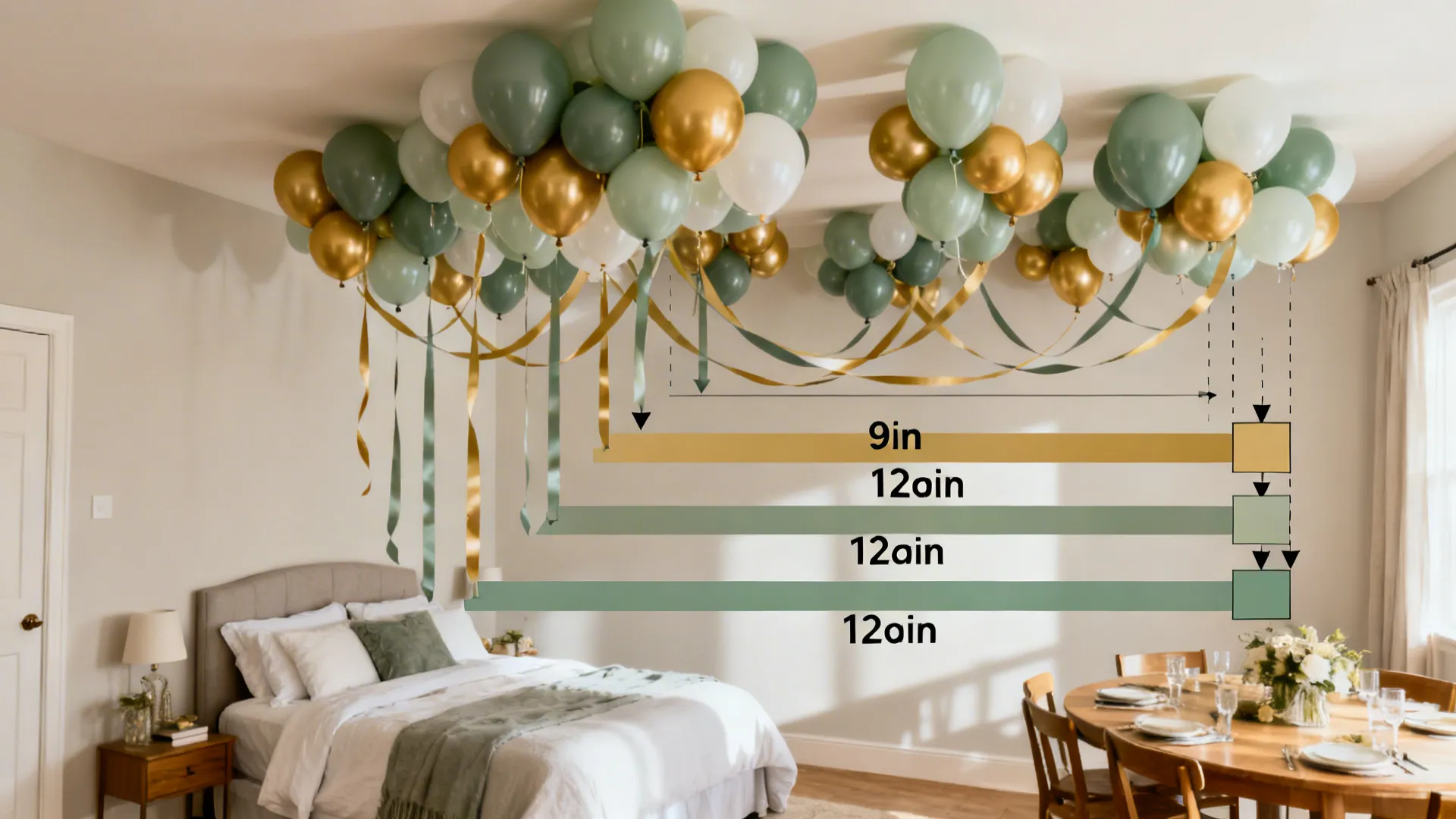 Top-down plan for a ceiling balloon canopy showing alternating sizes and staggered ribbon lengths over a small room zone.