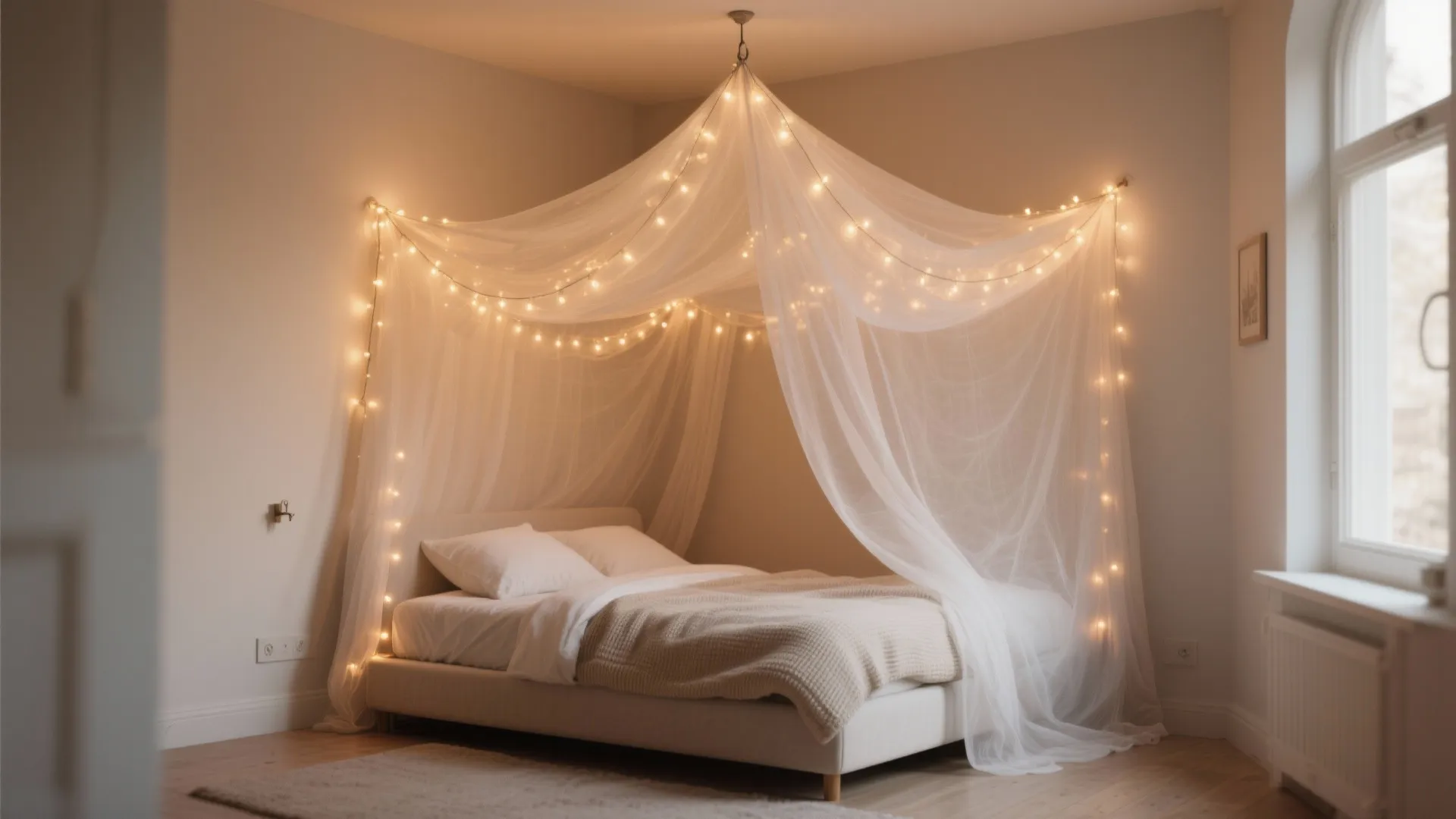 Small bedroom with a gauzy canopy over the bed and warm twinkle lights creating a hideaway feel.