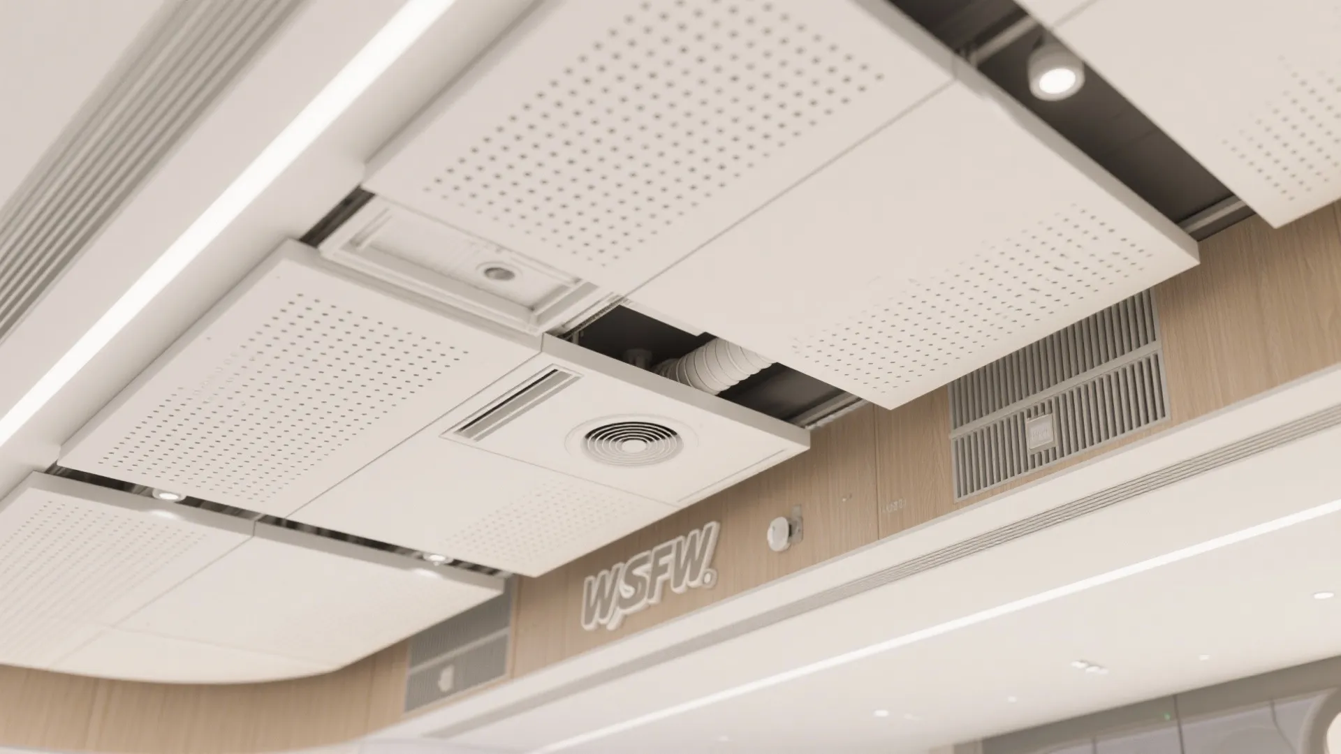 Top-down diagram of carved canopy with edge grille and inline fan ducting.