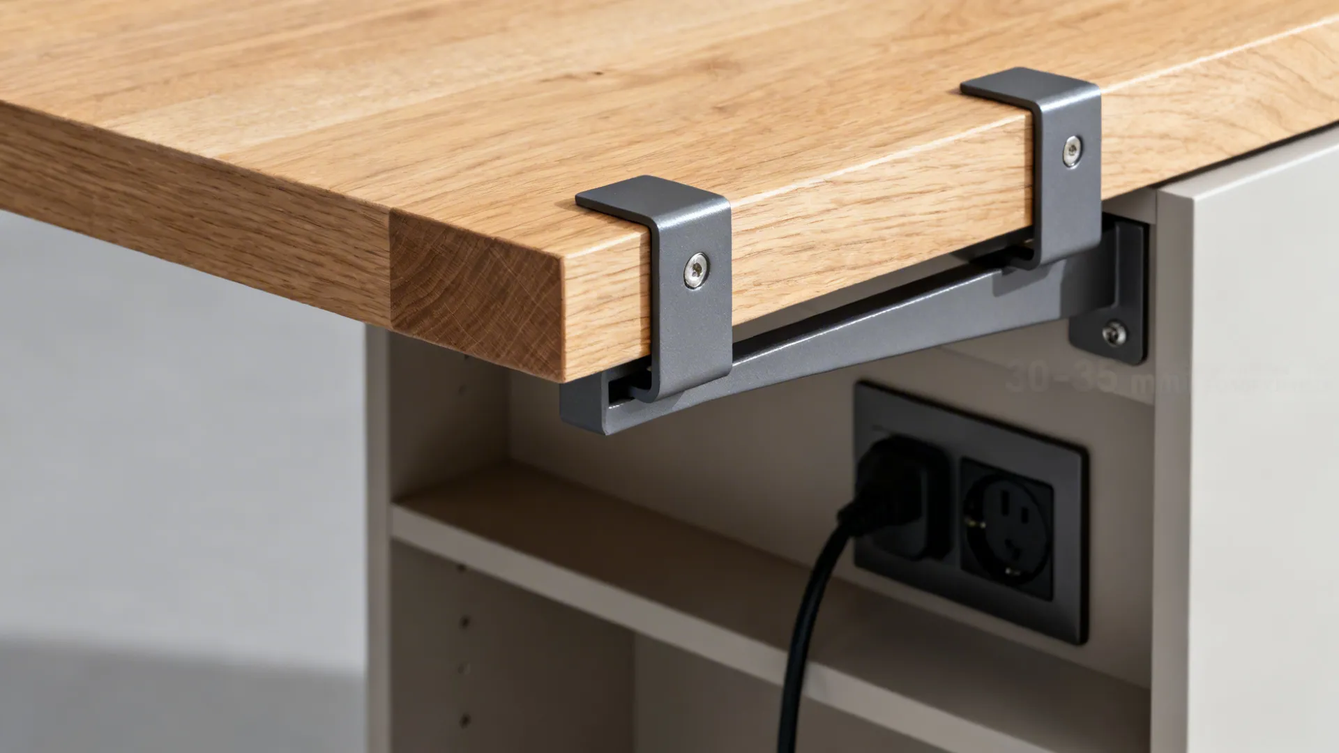 Close-up of a sturdy cantilever bracket supporting a thick oak counter with integrated power.