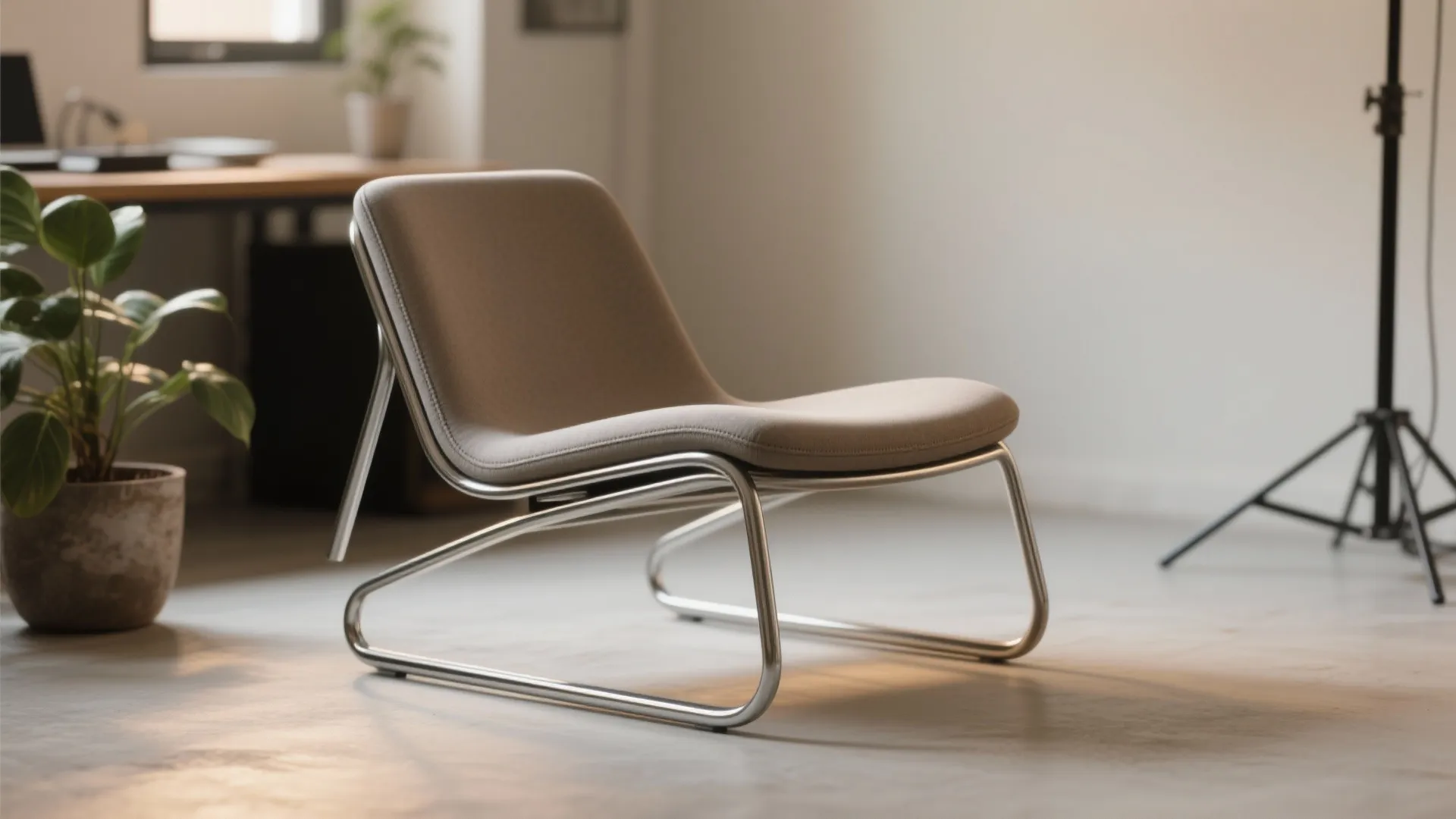 Modern beige chair with metal frame on floor near green plant in bright home studio