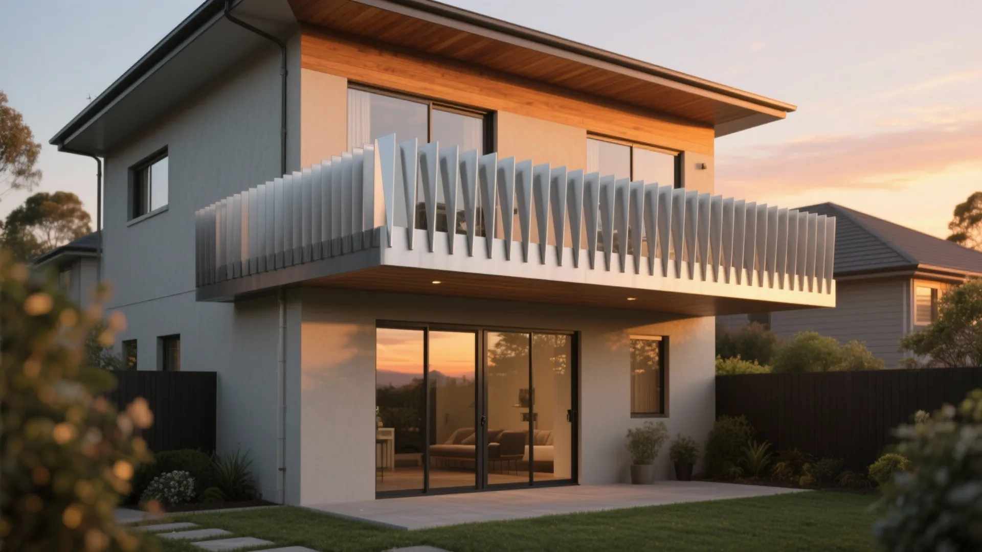 Cantilevered balcony with privacy fins