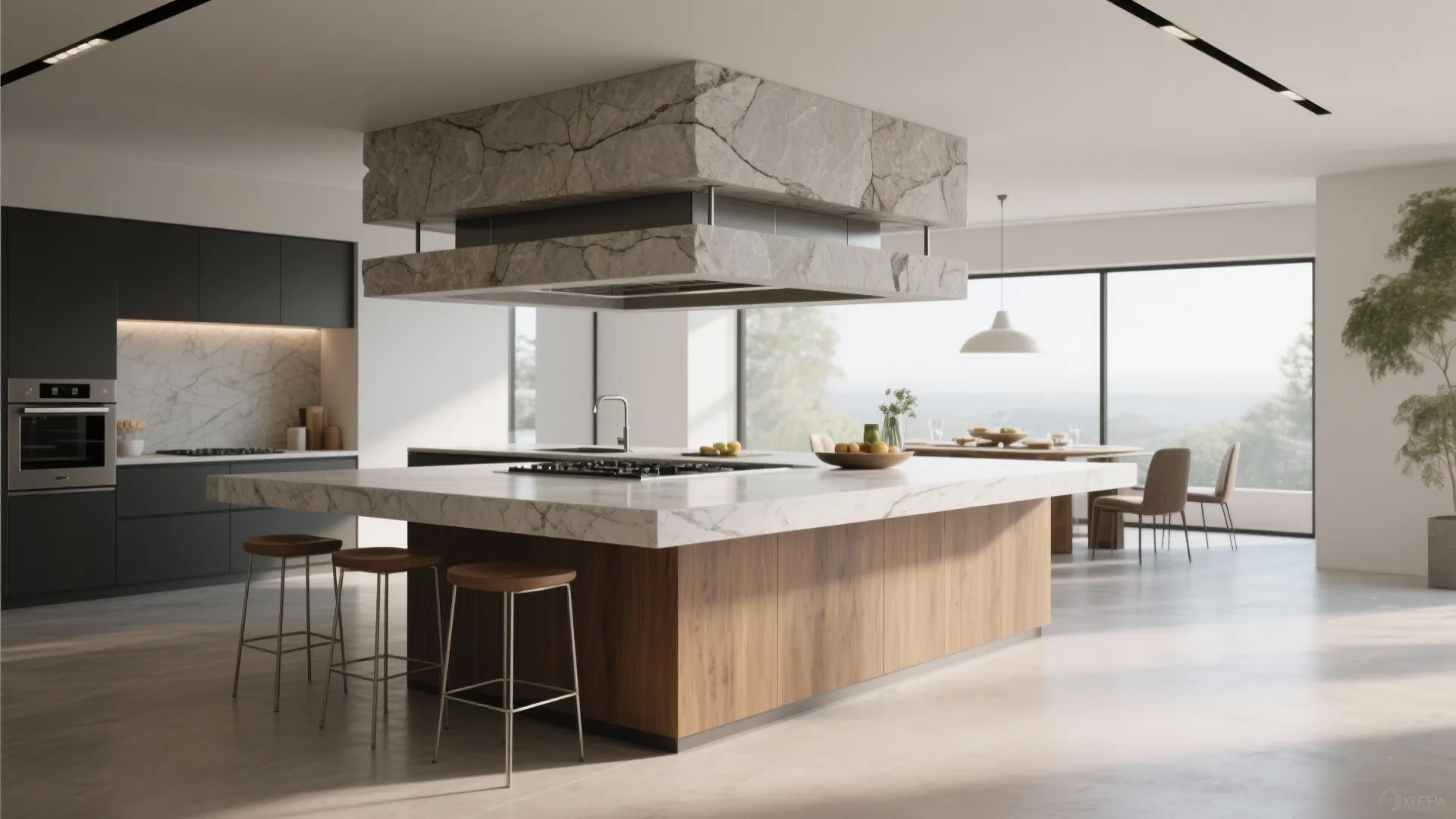 Large stone kitchen island with wood base and matching stone vent hood in modern home