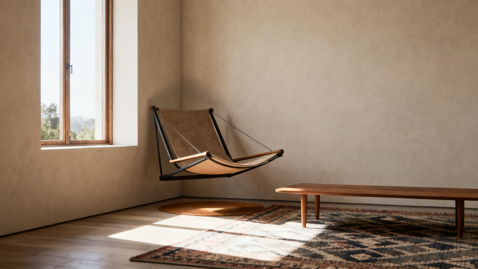 Cantilever sling chair in a bright reading corner with visible floor space