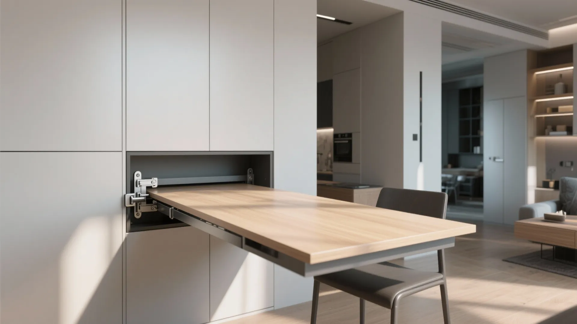 Pull out wooden dining table extending from white minimalist wall cabinet in bright modern apartment