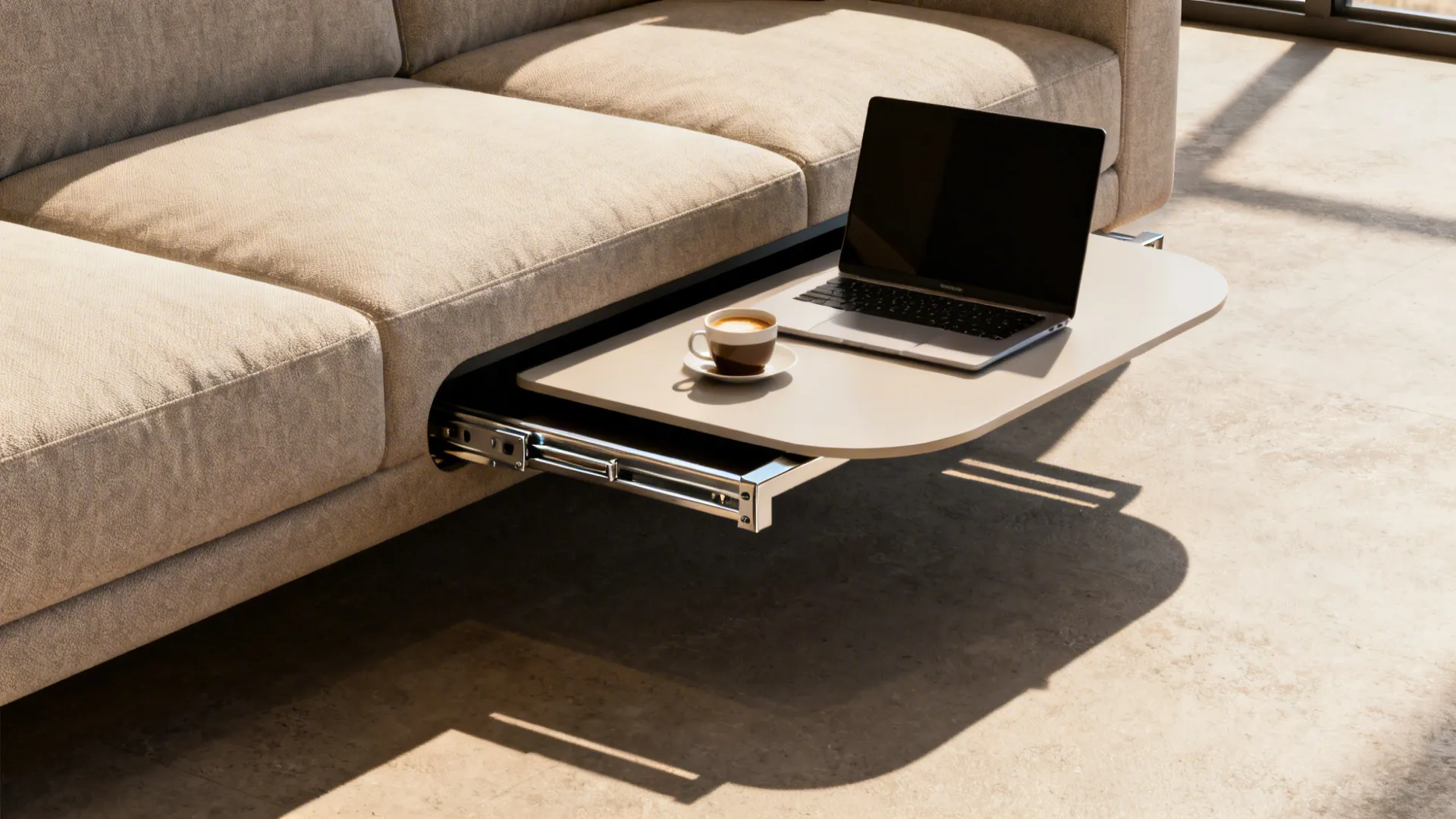 C-shaped cantilever table slid under a sofa supporting a laptop and coffee, showing steel frame and thin top.