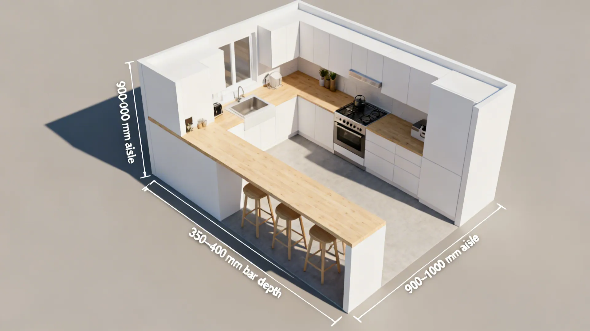 Interior design drawing showing white kitchen layout with wooden counters three stools and dimension lines