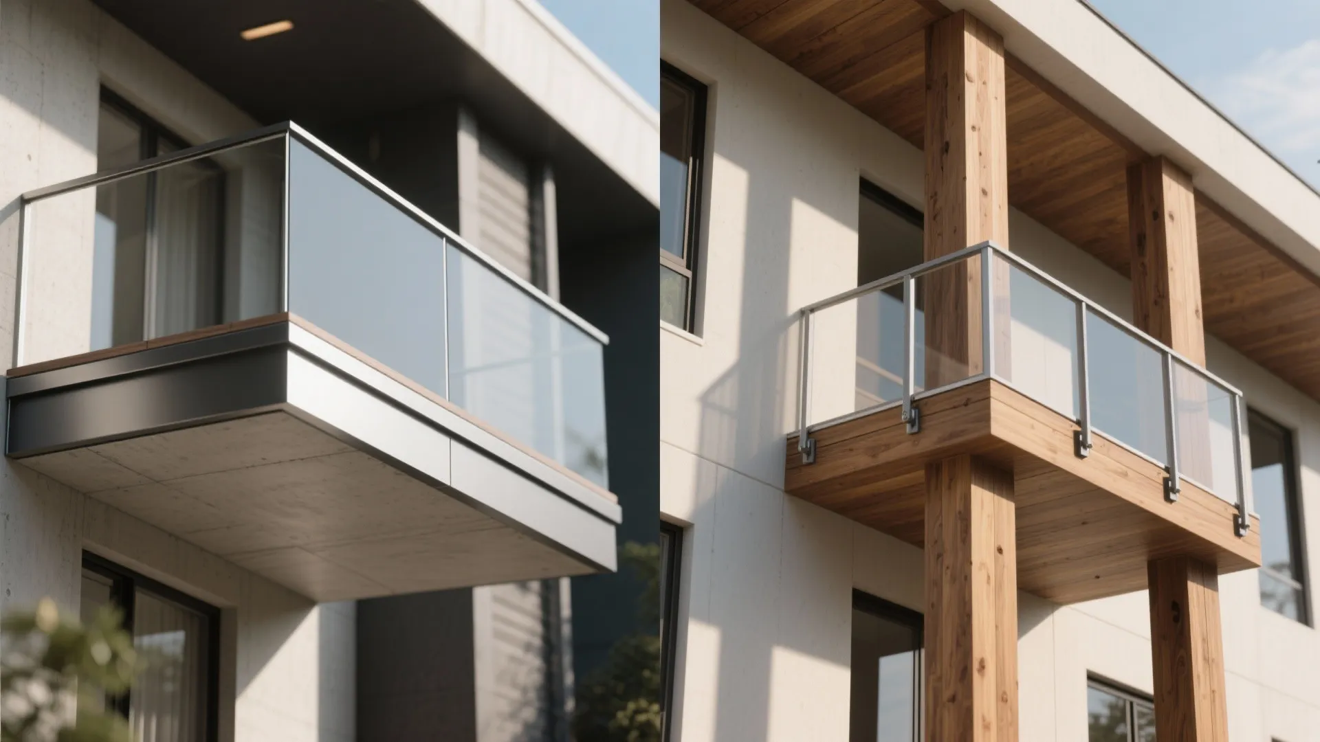 Side by side comparison showing a metal balcony versus a wooden balcony with glass railings