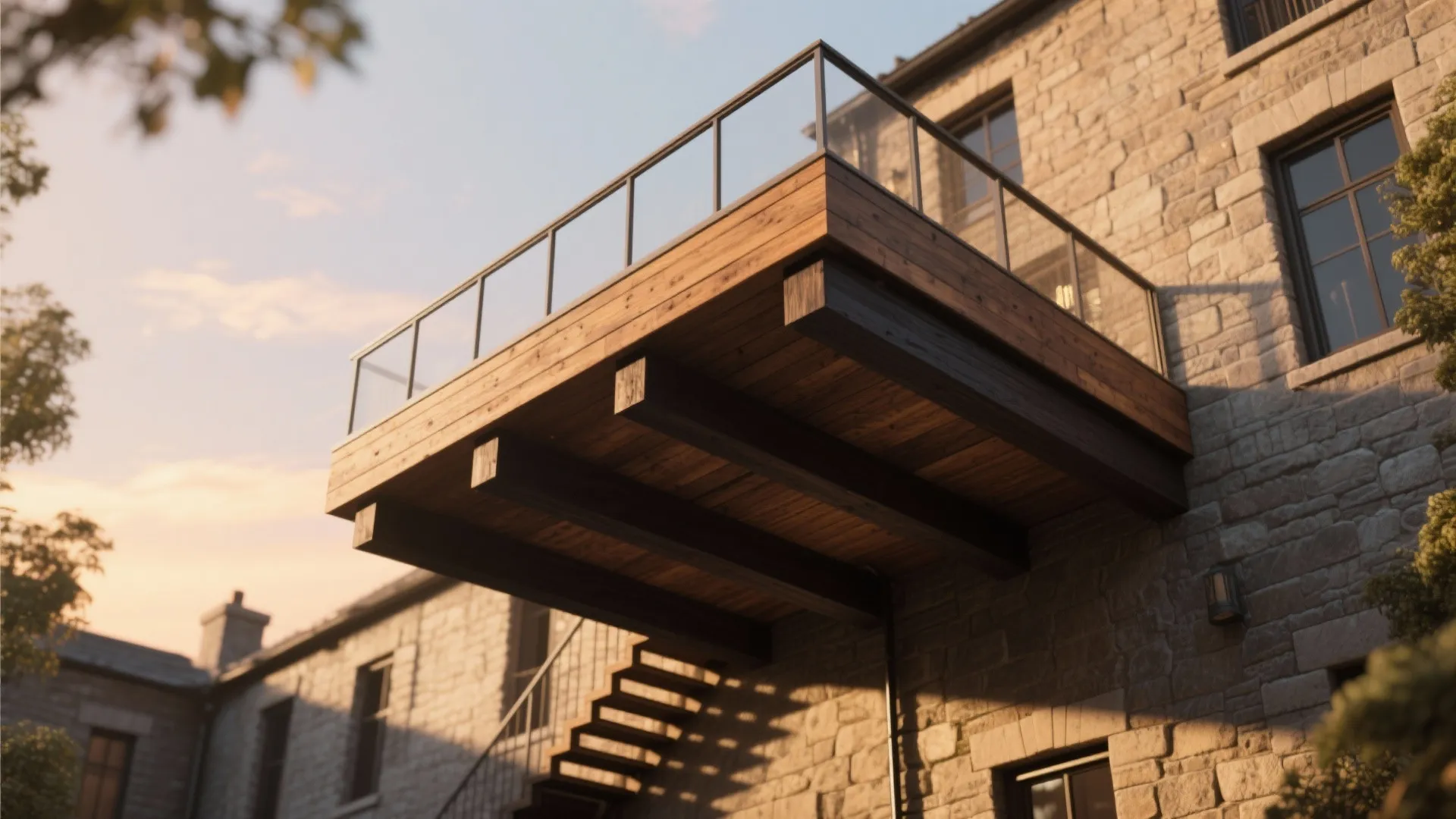 Modern wooden balcony with glass railing on a stone wall house beside an outdoor staircase