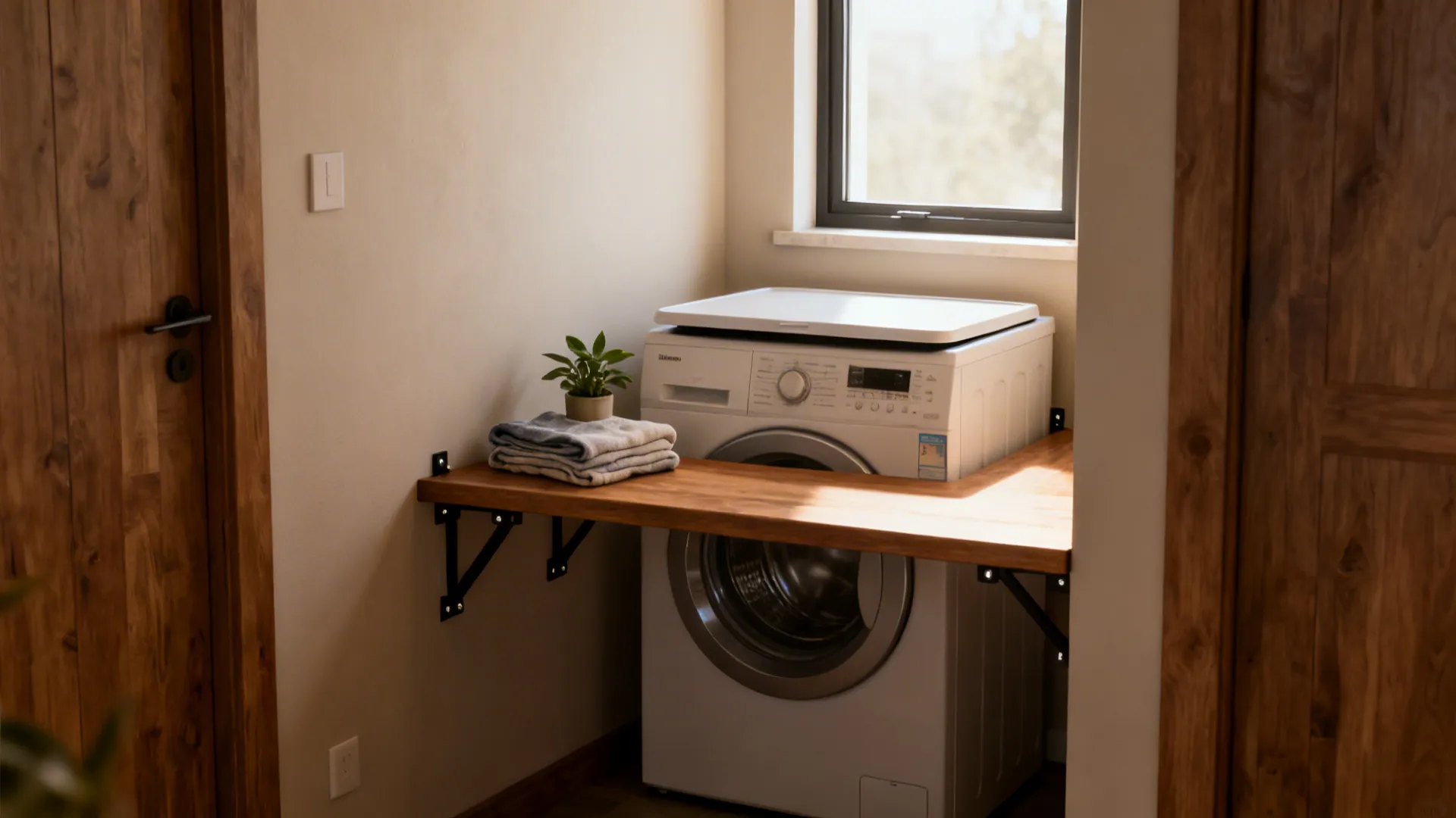 Cantilevered bench creating seating and lid clearance in front of a top-load washer under a window.