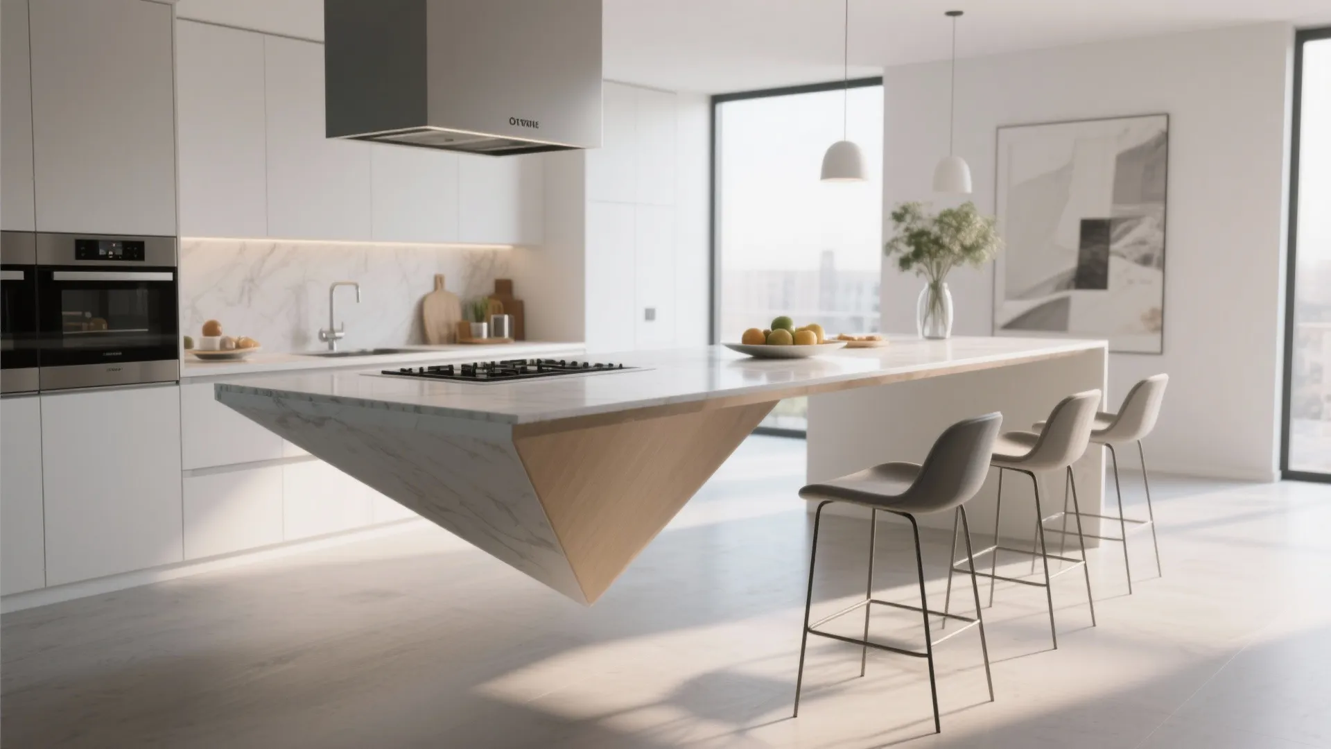 Cantilevered kitchen island dining top with bar stools