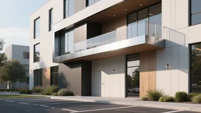 Modern Commercial Building Facade Design with Wood & Glass Accents