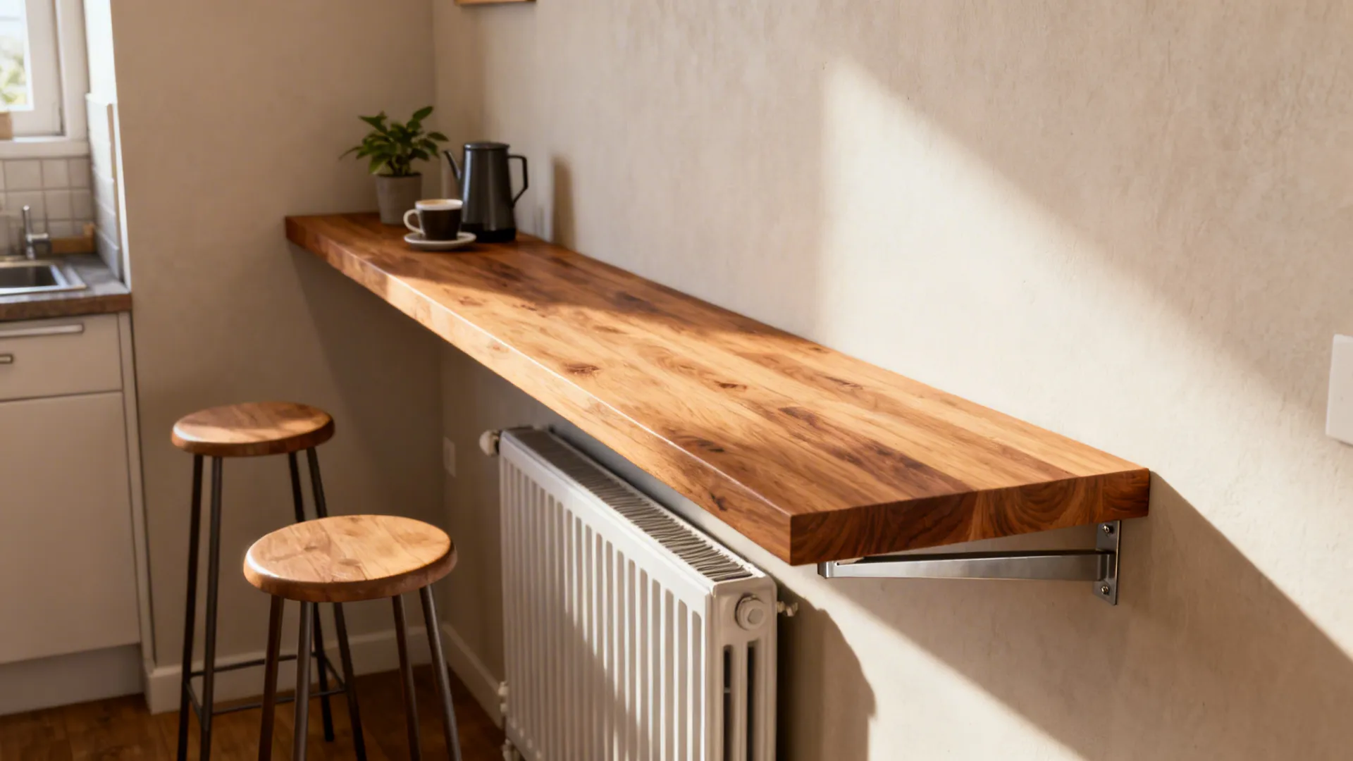 Cantilevered narrow wooden shelf above a radiator with slim stools in a small kitchen
