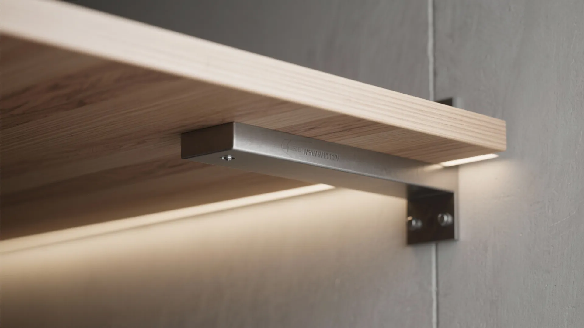 Close up of wooden shelf with metal bracket and light strip against a grey wall