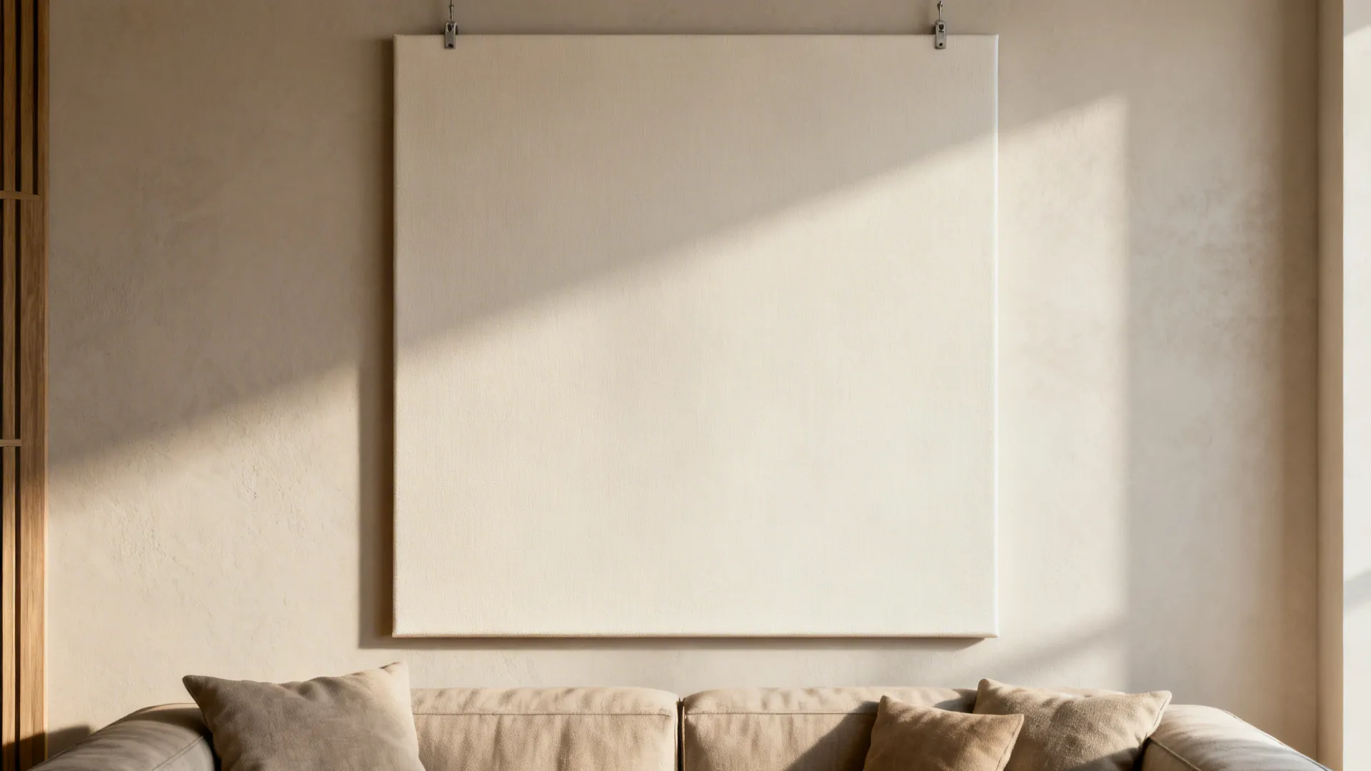 Single oversized stretched canvas centered above a neutral sofa with warm daylight.
