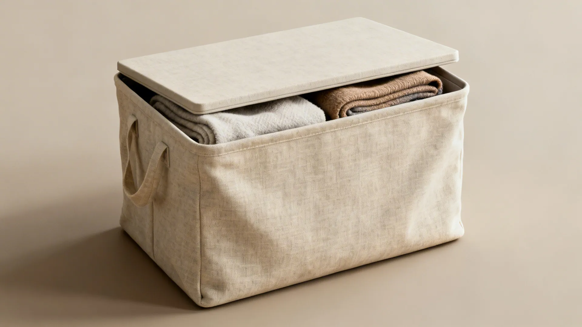 Canvas blanket basket with a rigid lid insert on a neutral backdrop, showing fabric texture and crisp silhouette.