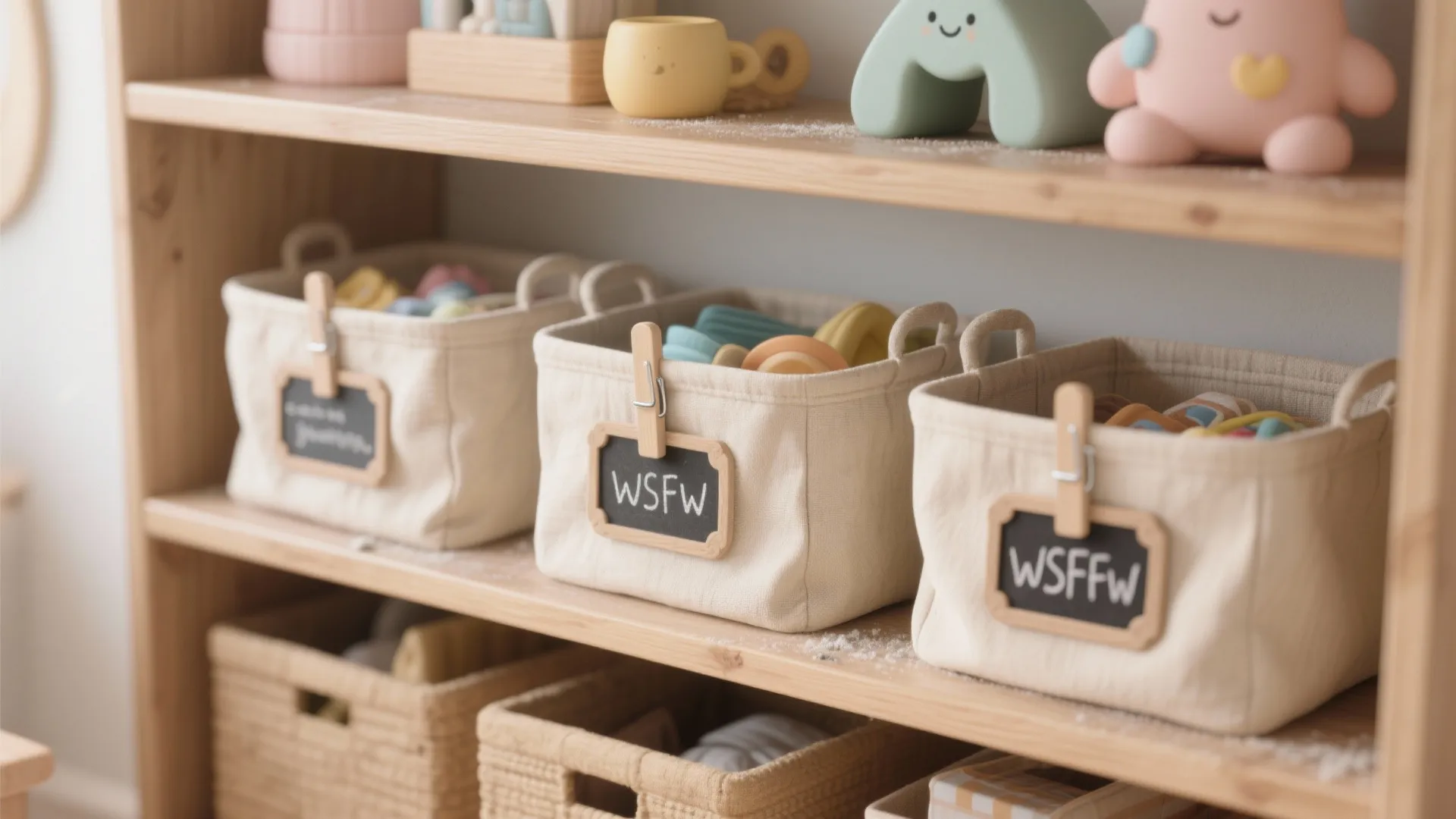 3. Open Shelves with Labelled Canvas Bins