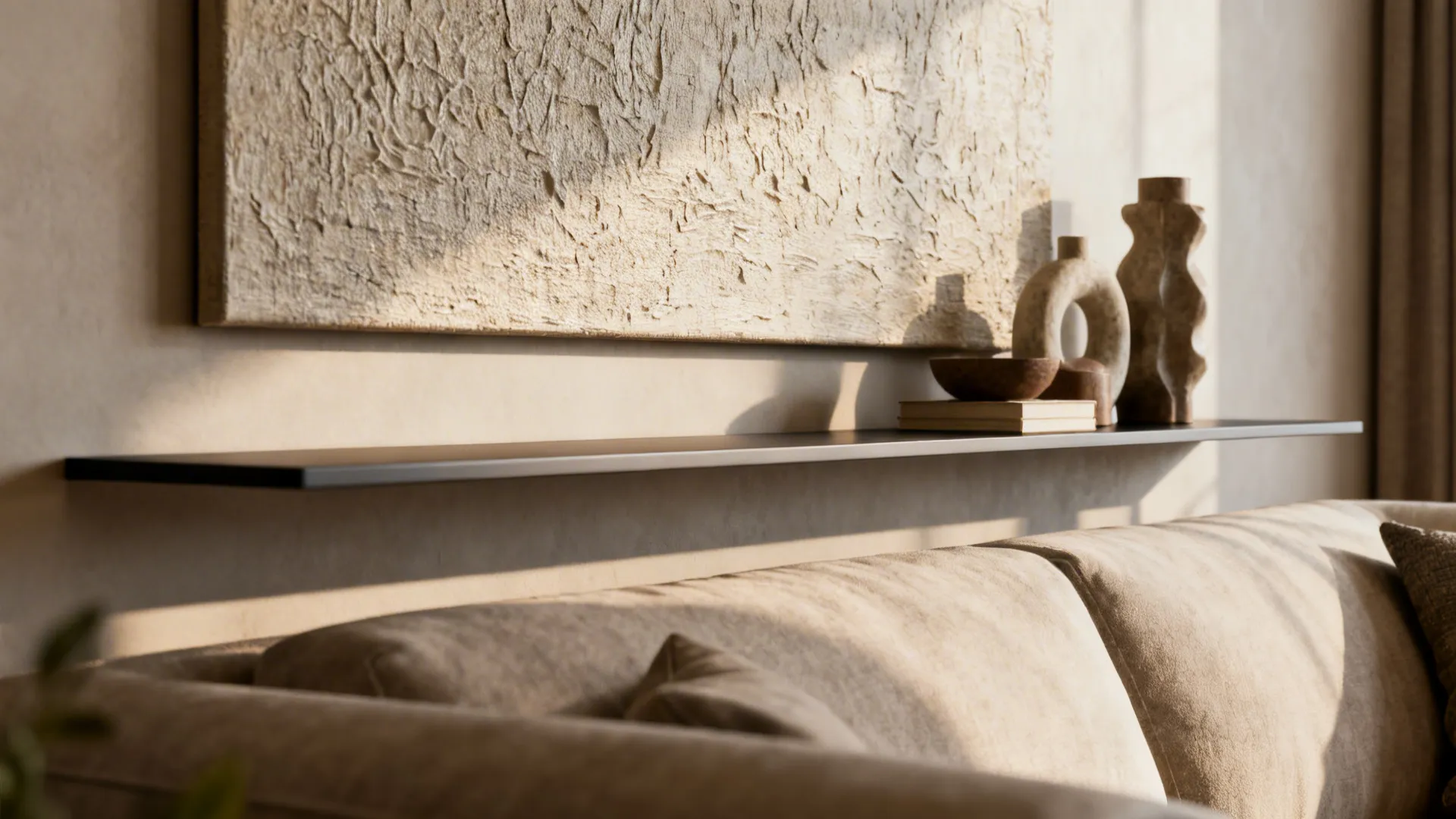 Floating shelf beneath a large canvas above a sofa, showing texture and layered styling.