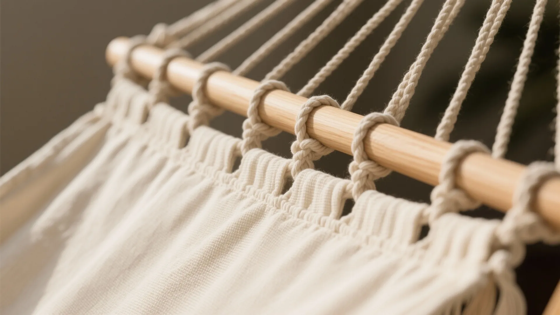 Close up view of white cotton hammock fabric tied to a light wood support bar