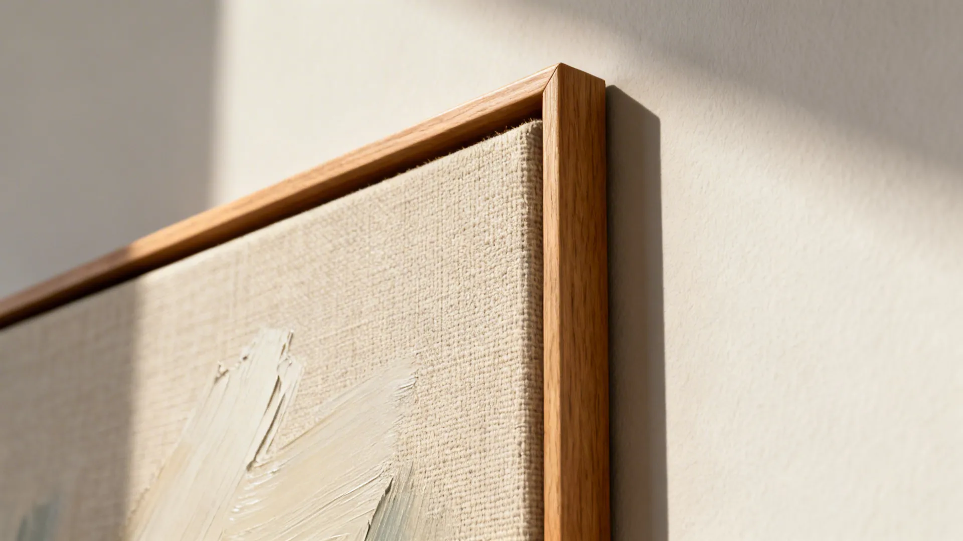 Close-up of linen canvas texture in a thin oak frame.