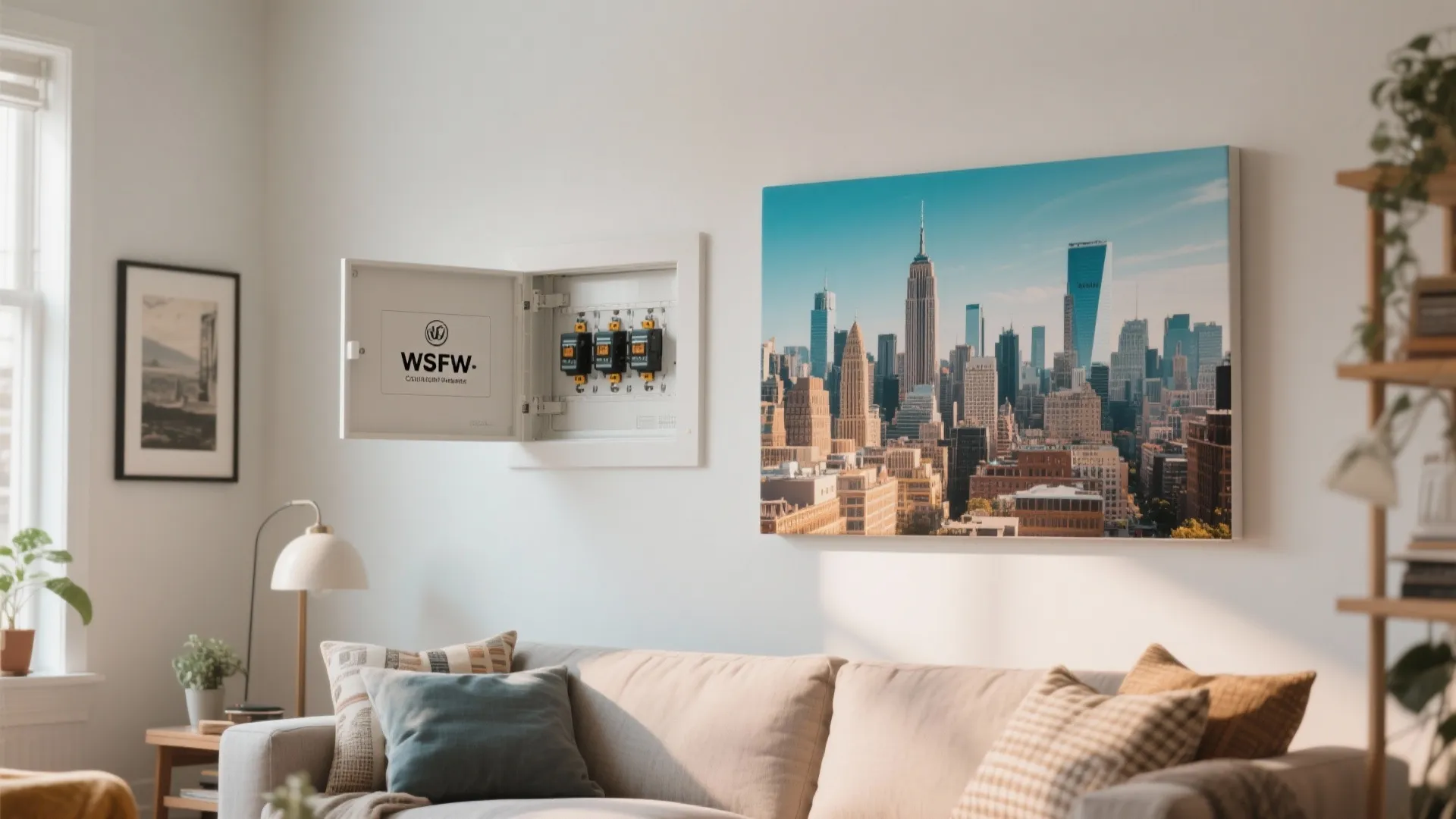 Cityscape canvas print concealing a fuse box in a living room