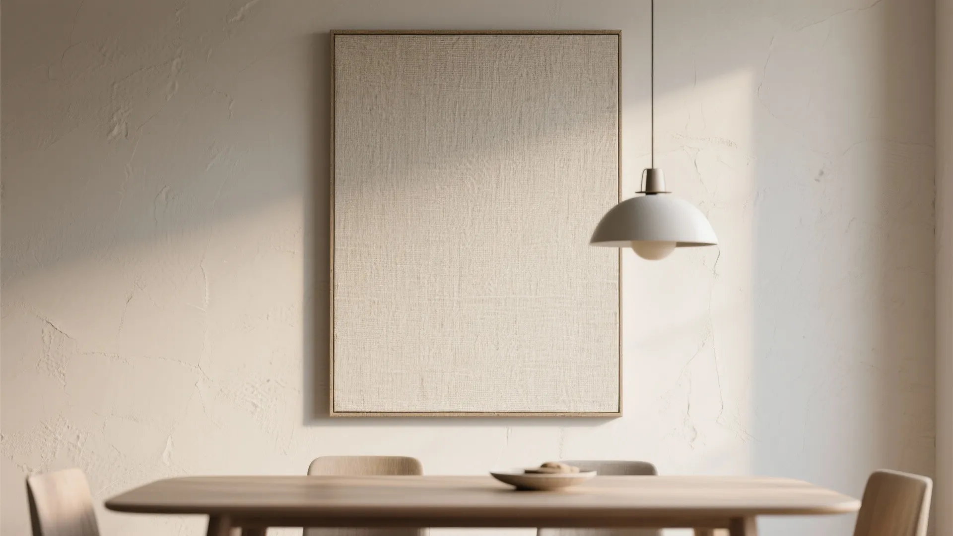 Minimalist dining room featuring large canvas art, wooden table, white light fixture, and textured walls