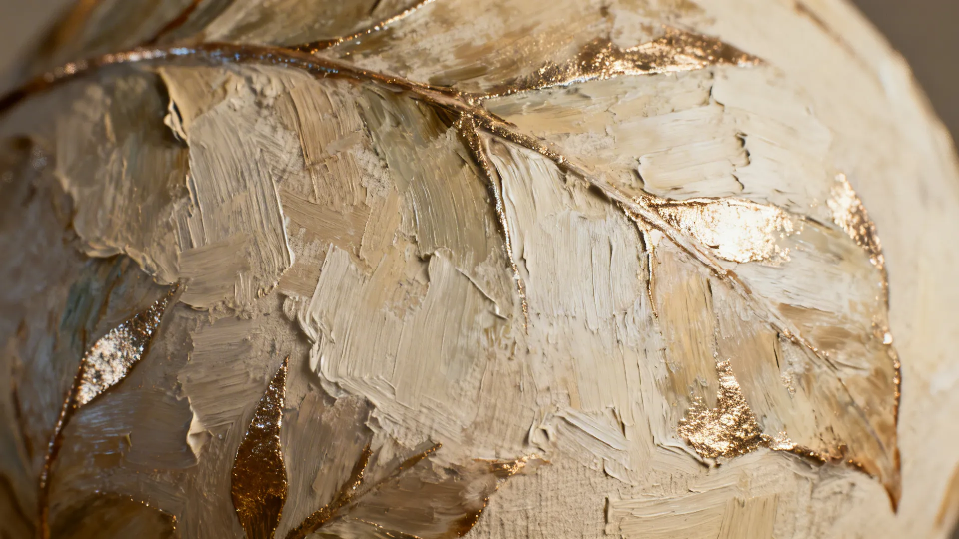 Macro view of beige textured oil painting with gold leaf details showing a large leaf shape