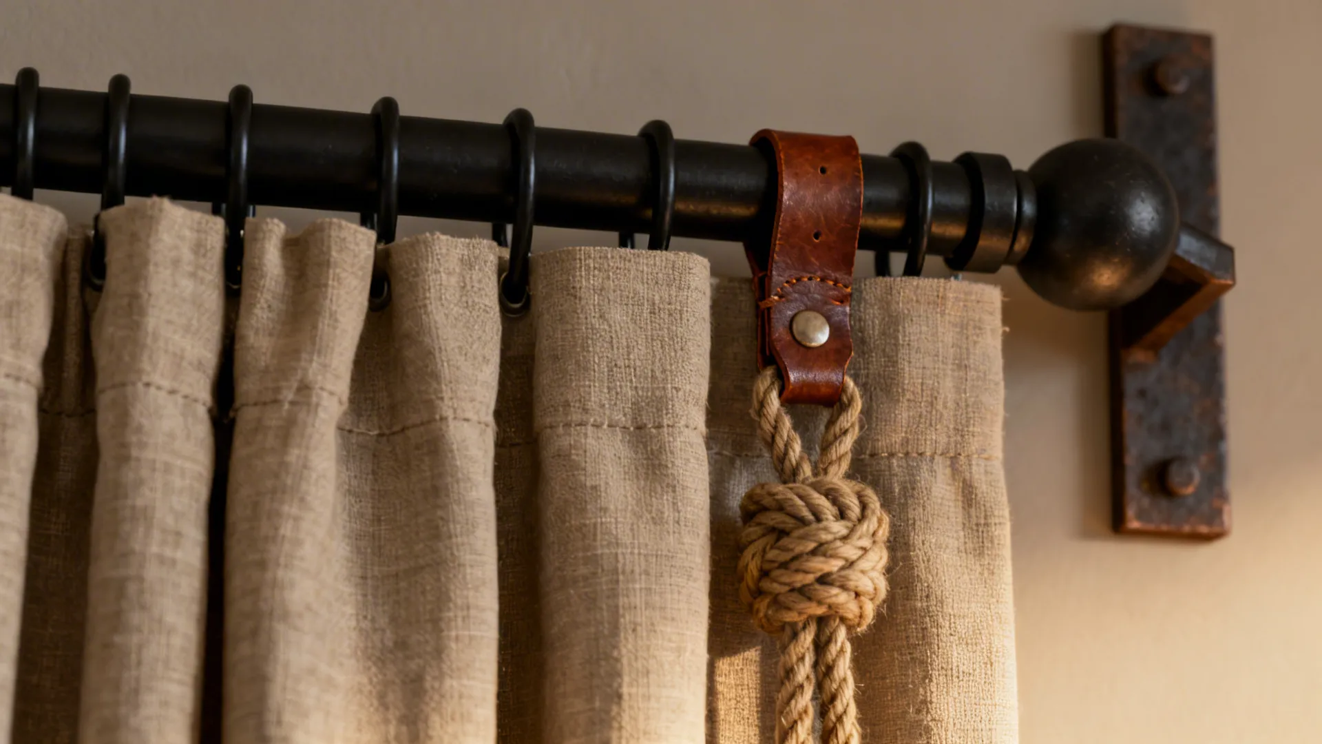 Neutral canvas curtains with leather strap and rope tiebacks on matte black rod.