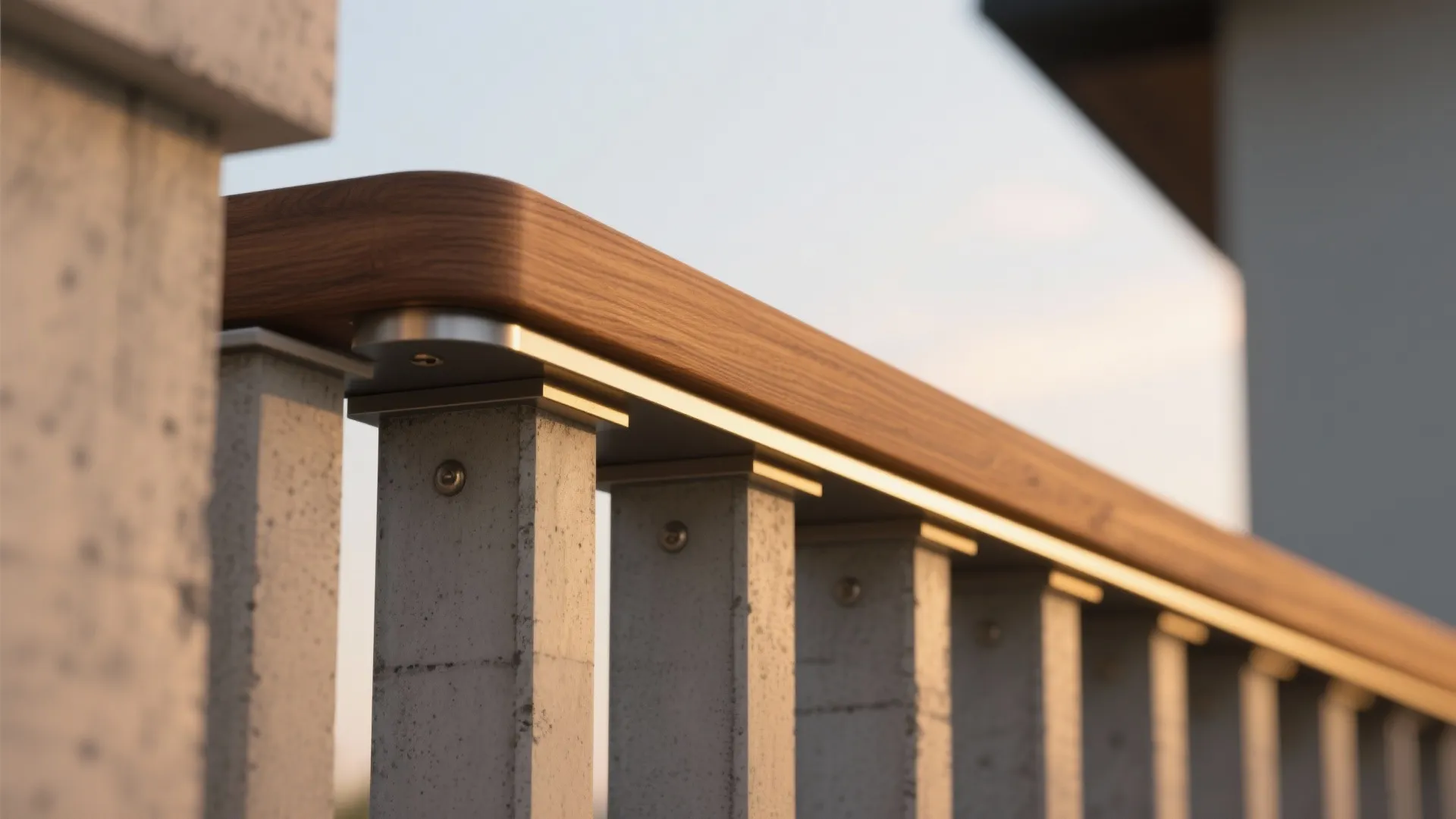 Close up of a smooth wooden handrail attached to grey concrete balcony railing pillars outdoors