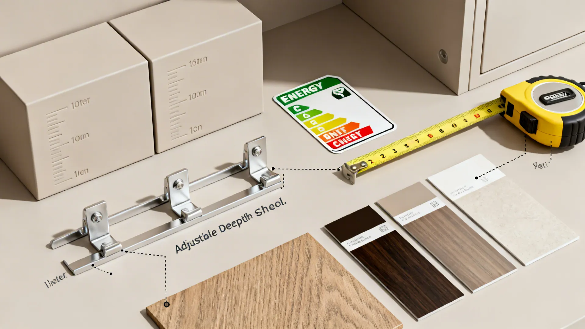 Interior design tools including measuring tape energy labels color swatches and adjustable metal cabinet shelf parts