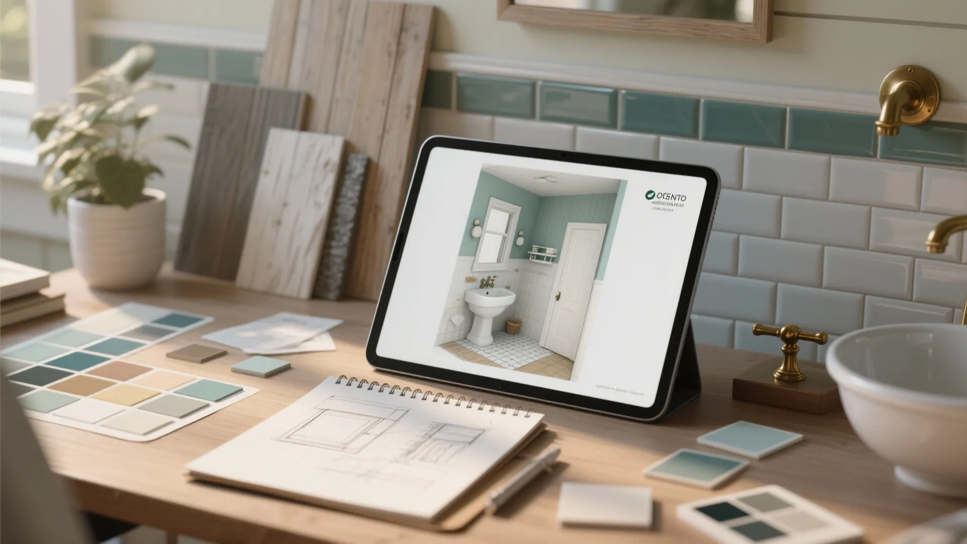 Tablet showing interior design drawing on desk with color samples wood panels and bathroom tiles