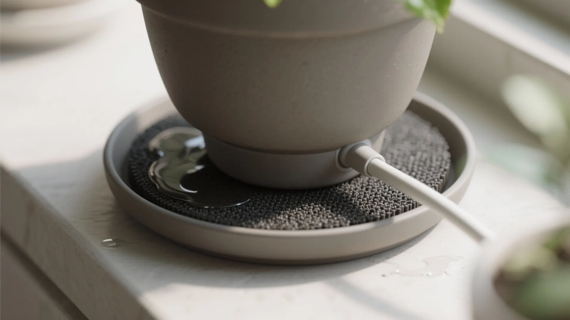 Macro of a planter saucer with capillary mat, tray clearance, and pot feet to prevent balcony floor stains.