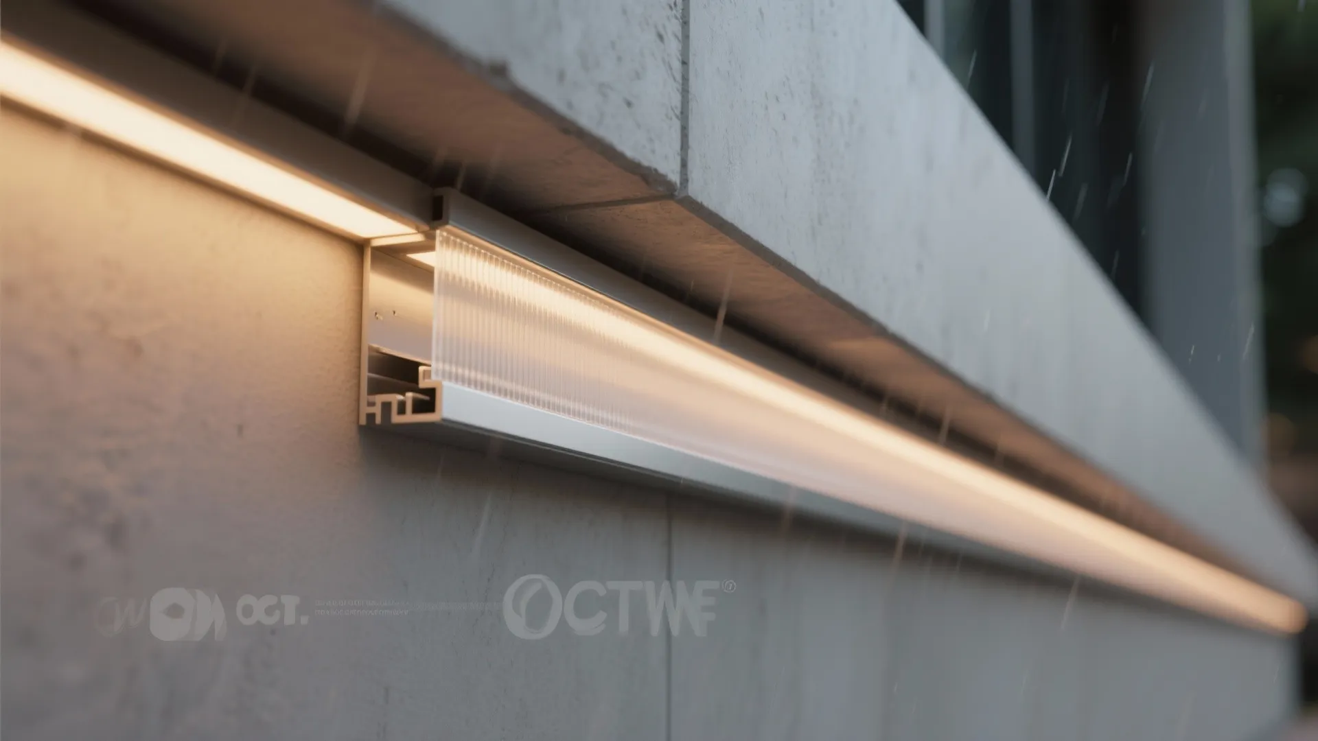 Outdoor wall light strip mounted under a concrete ledge with warm yellow glow during rain