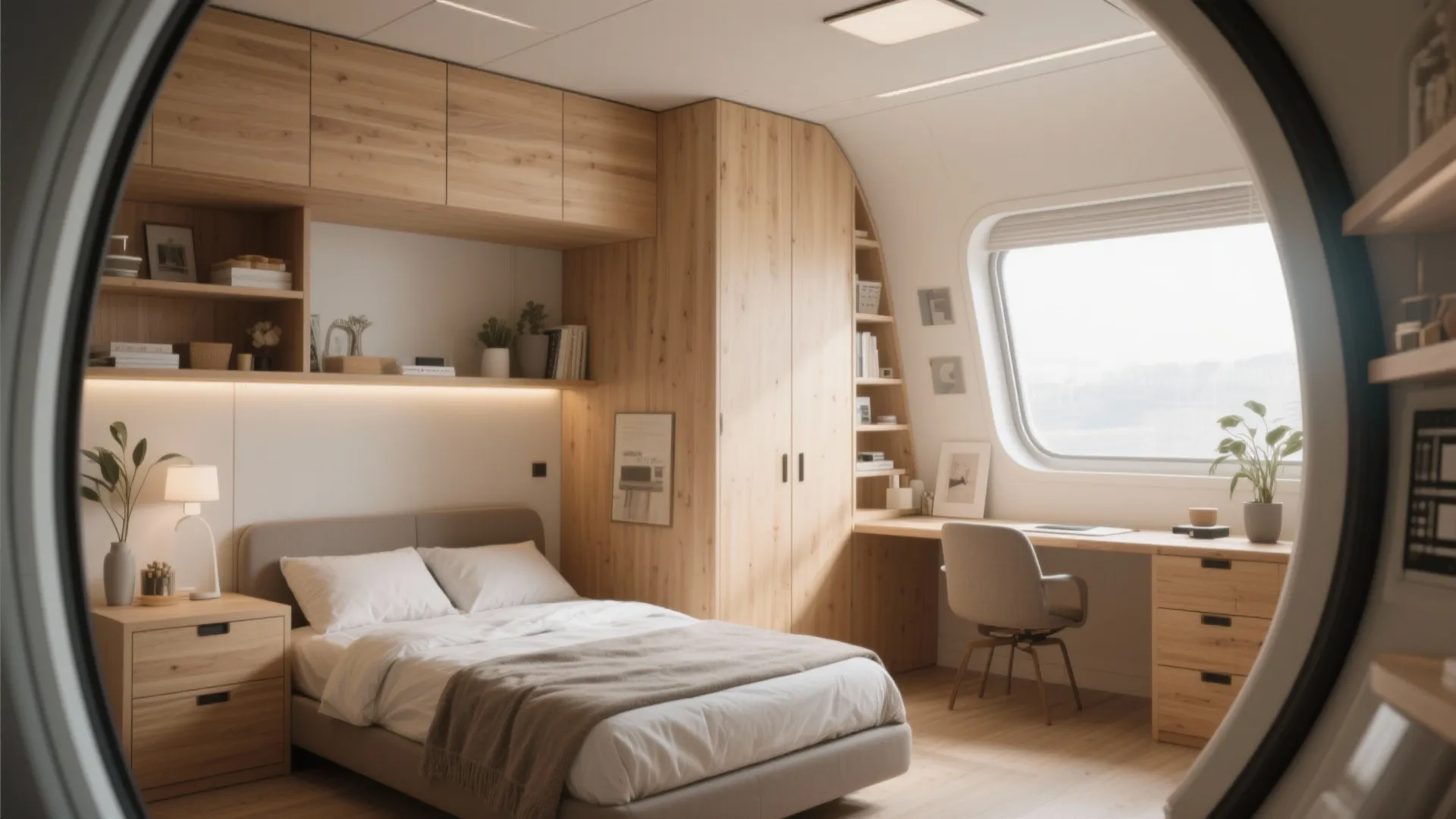 Minimalist bedroom design with wood cabinets desk bed and large round window seen from outside