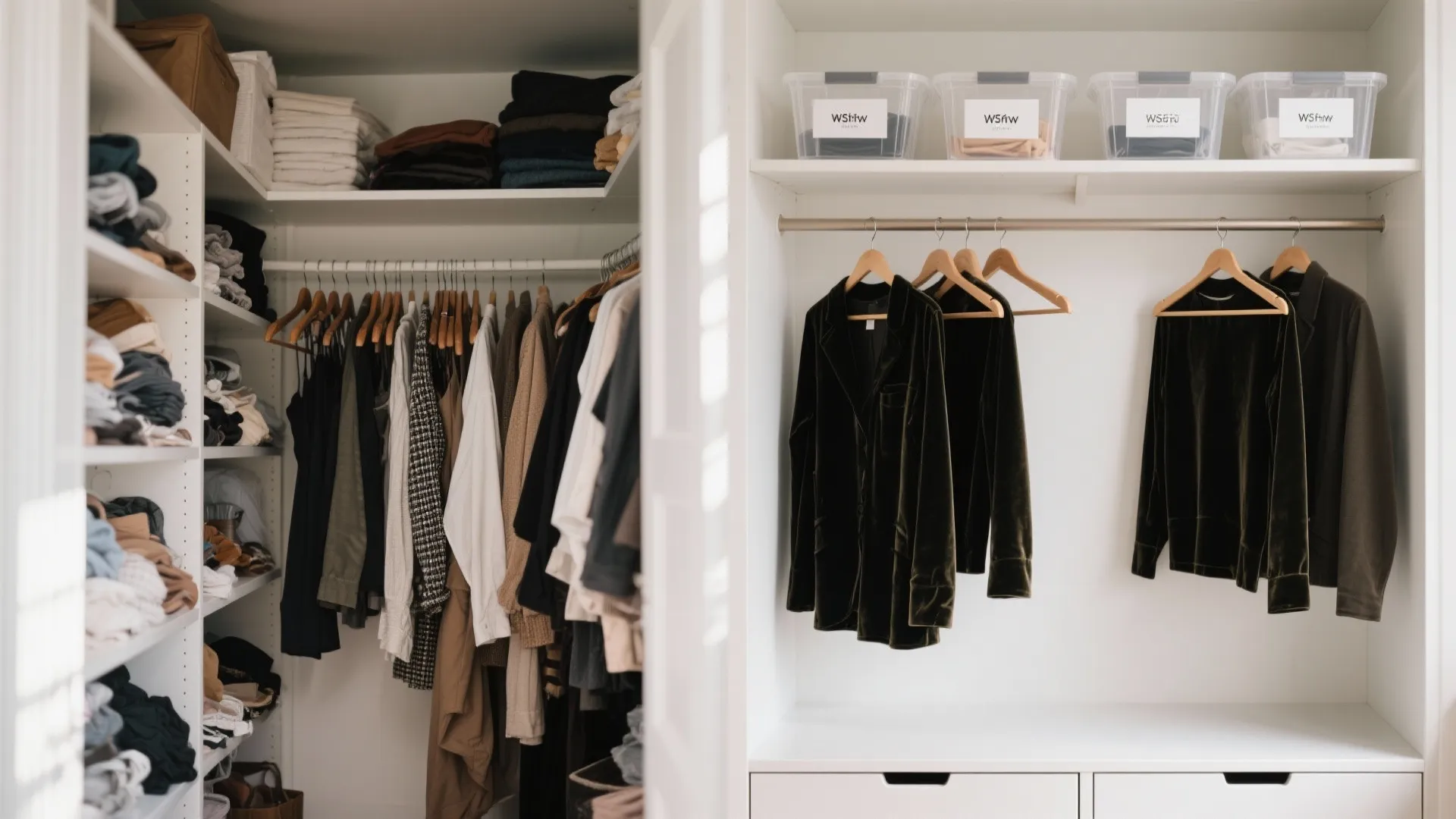 Before-and-after of a small wardrobe transforming from cluttered to a tidy capsule setup.