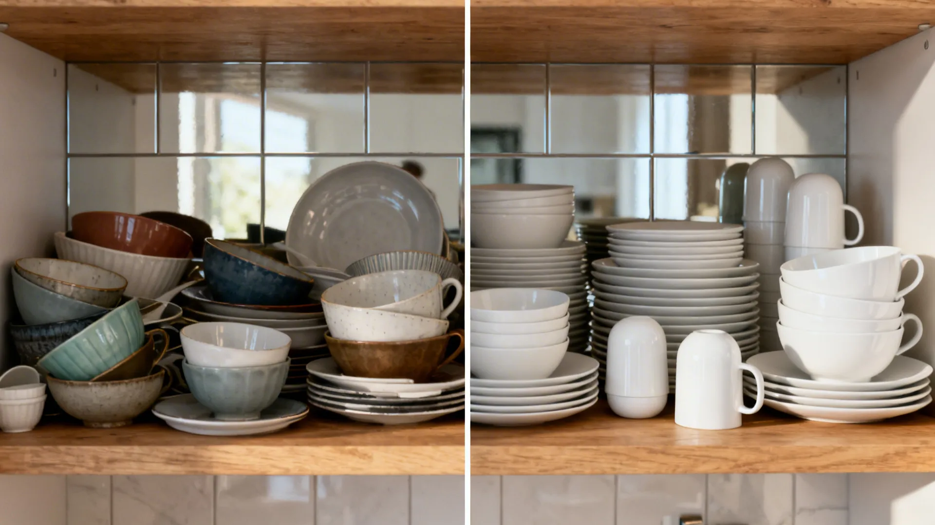 Before-and-after of a shelf from cluttered mix to a cohesive 24-piece white tableware capsule on oak.