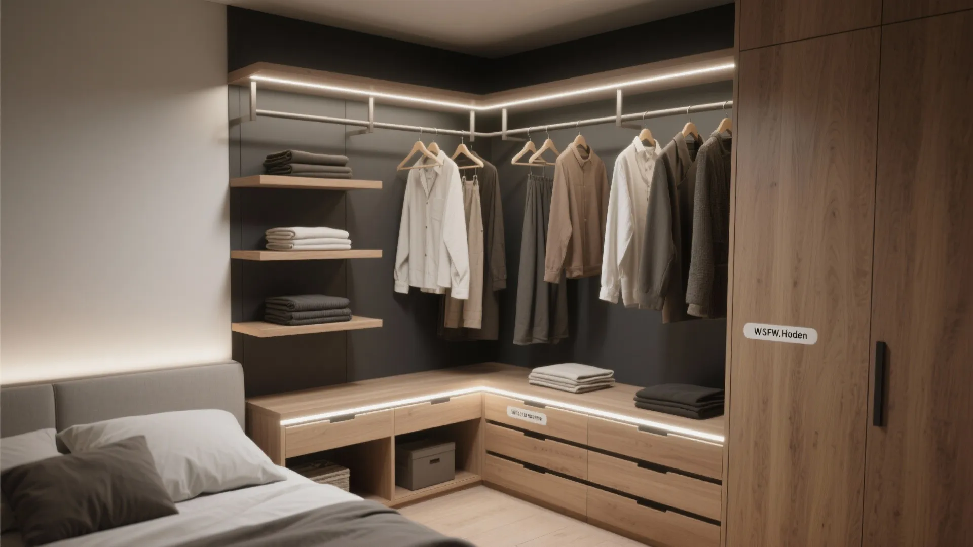 Open wooden wardrobe with warm light strips showing hanging shirts plus shelves and drawers for storage