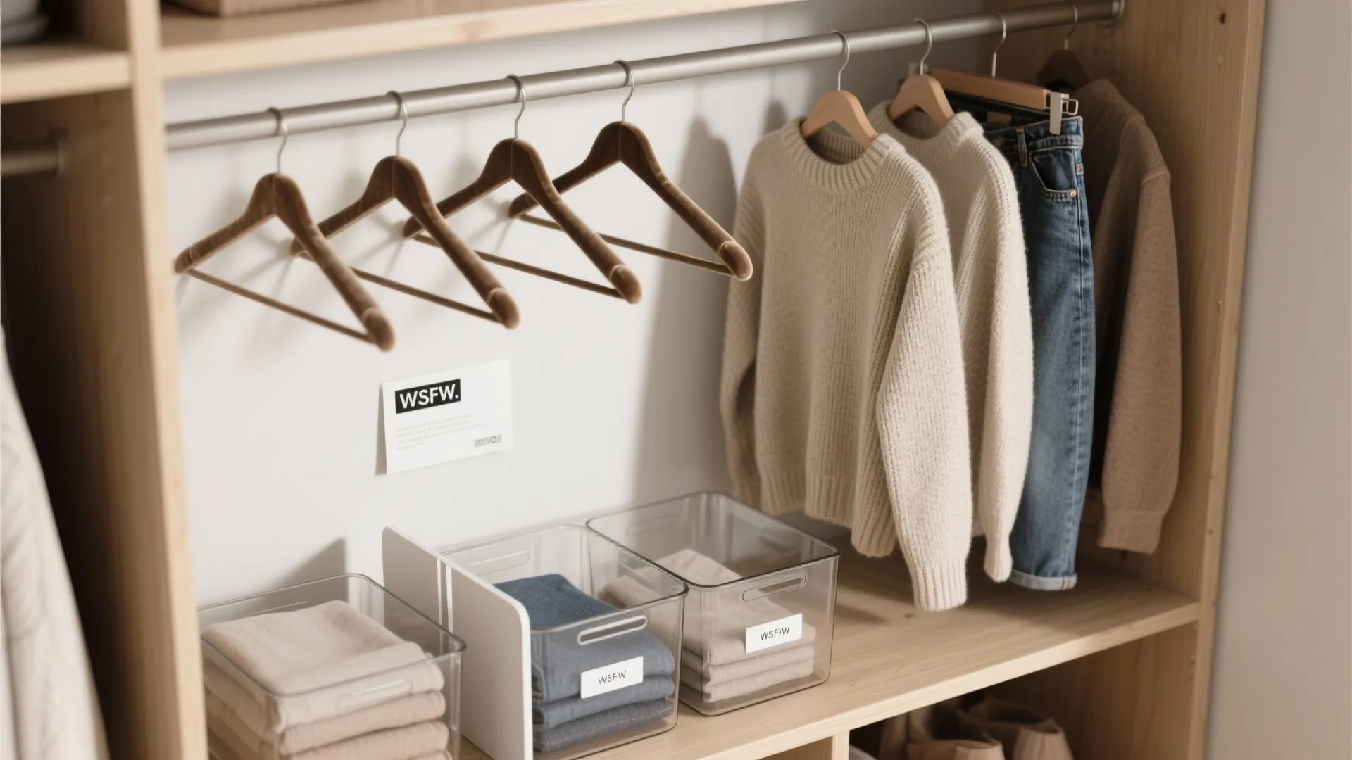Flat lay of capsule wardrobe essentials with slim hangers, neutral clothes, and clear bins.
