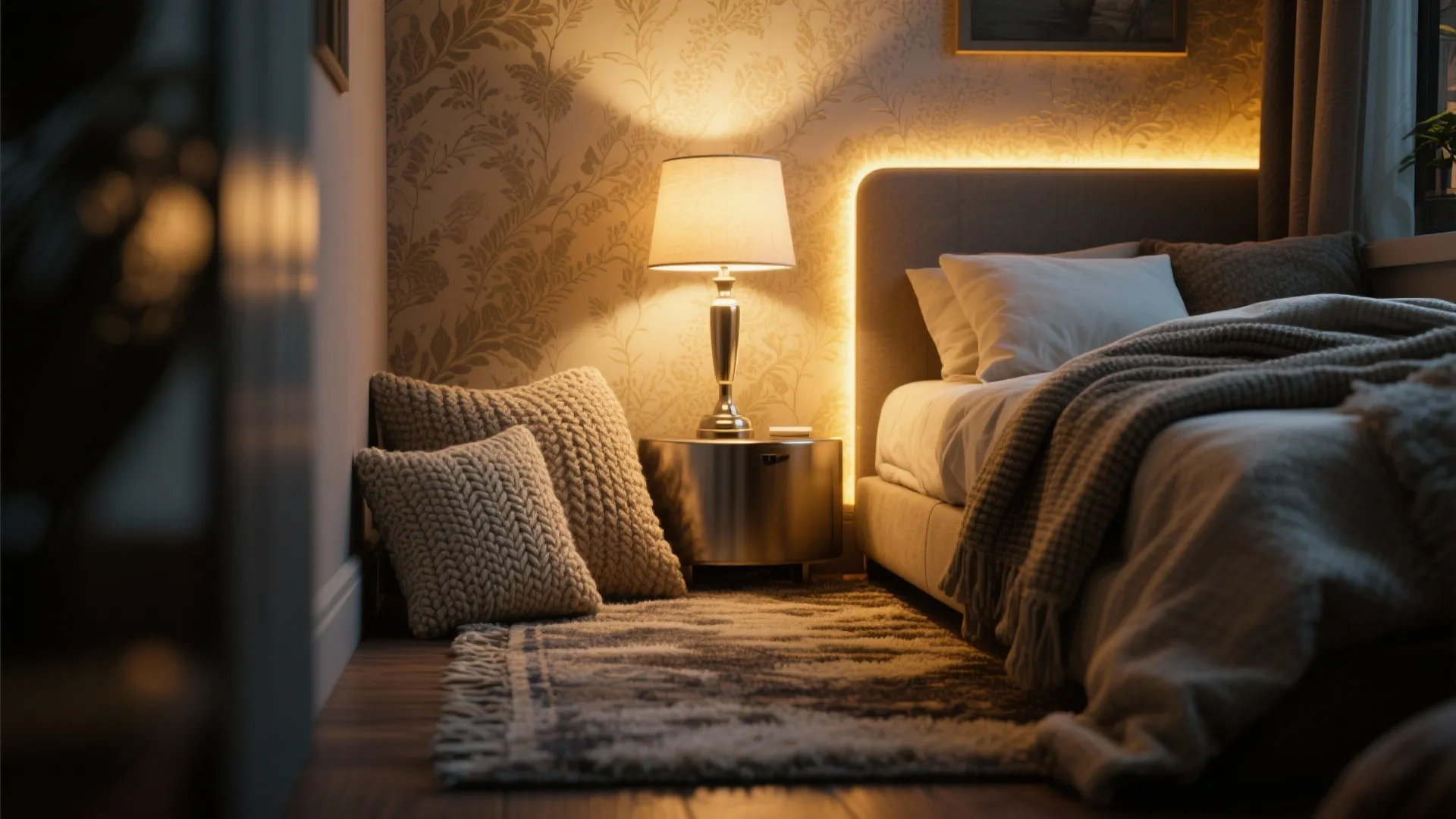 Cozy bedroom with warm table lamp light wall panel lighting soft rug and floor pillows