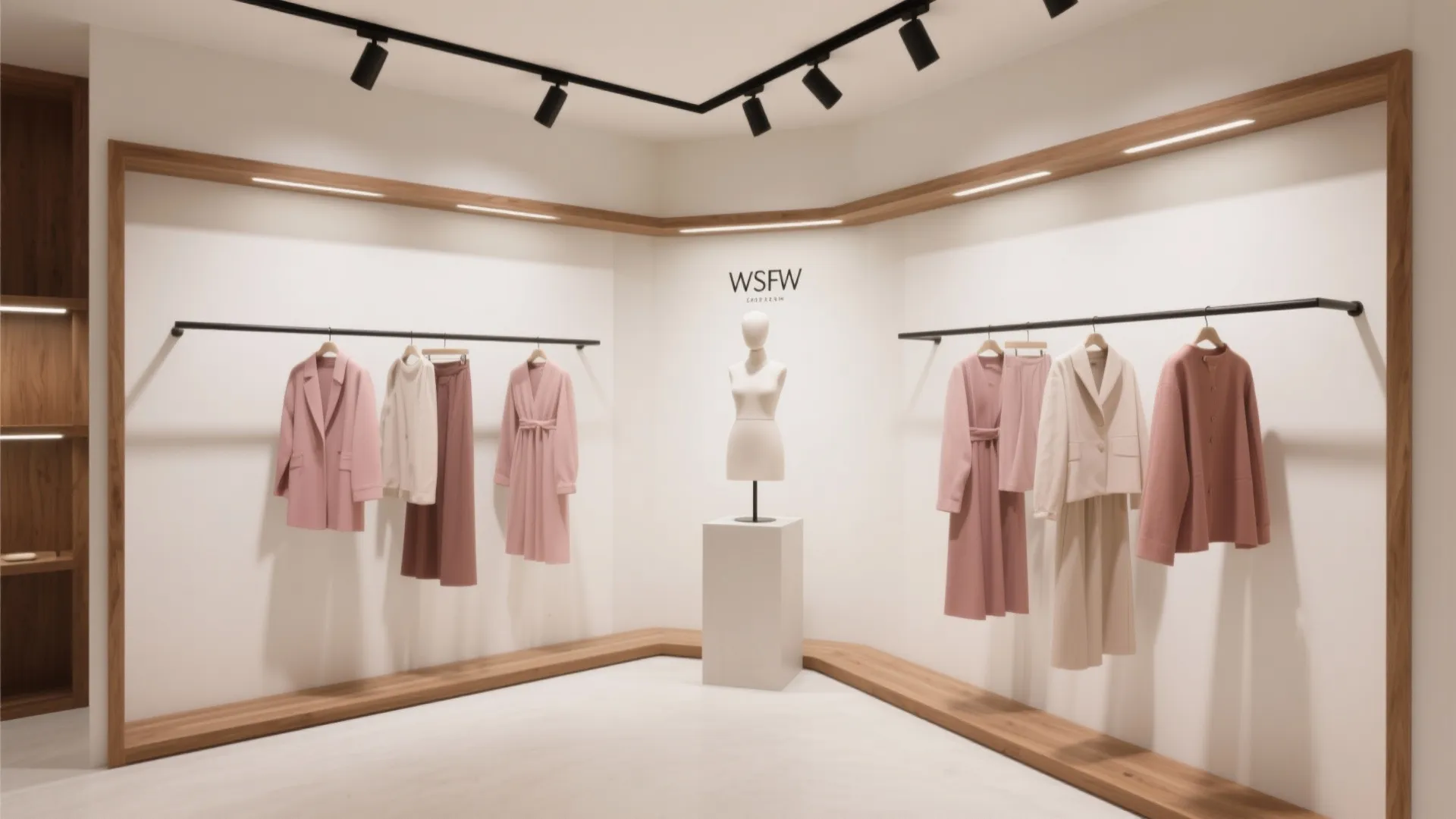 Minimalist clothing store featuring pink dresses on black rails with white mannequin and wood details