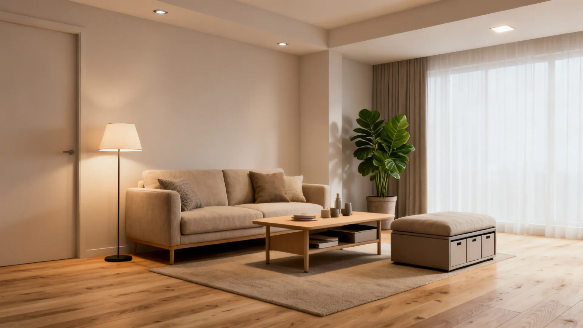 Compact capsule living room with two-seater sofa, versatile coffee table, layered lighting and light wood floor