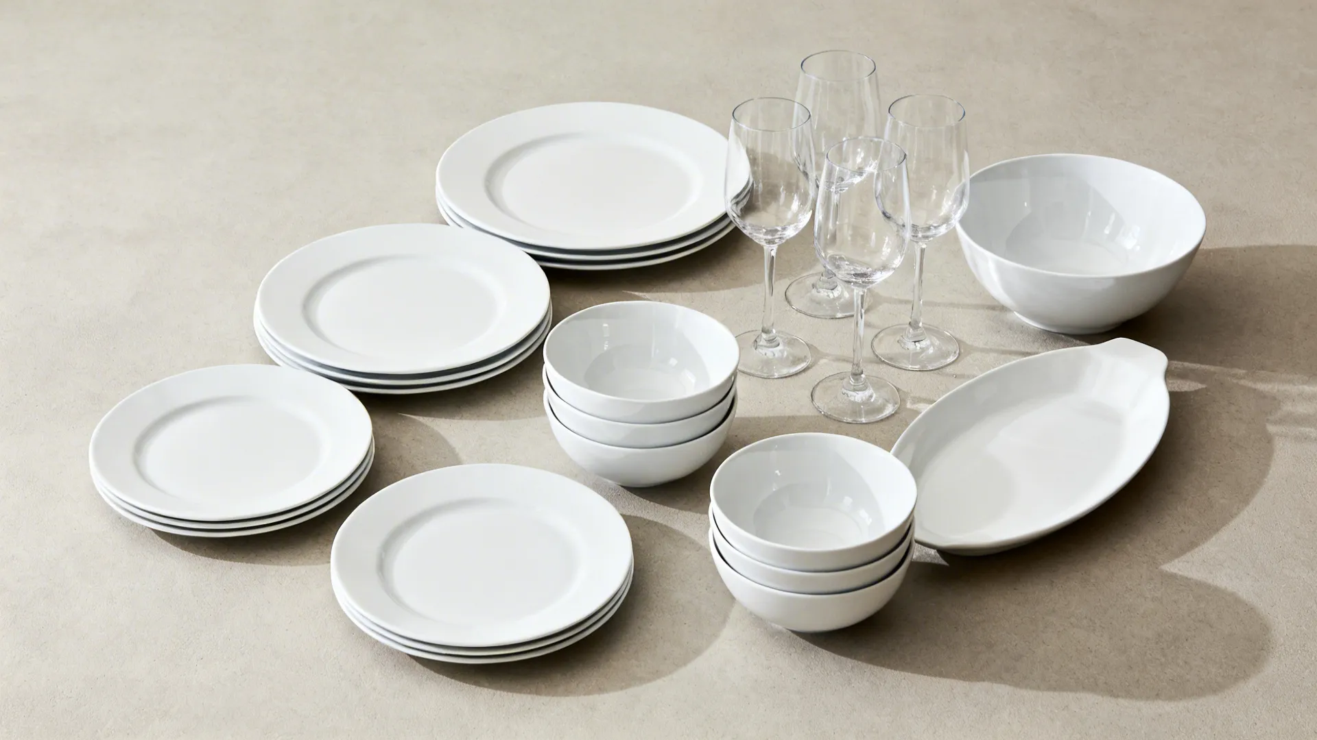 Flat lay of a neatly arranged 24-piece white tableware capsule with glasses and serveware.