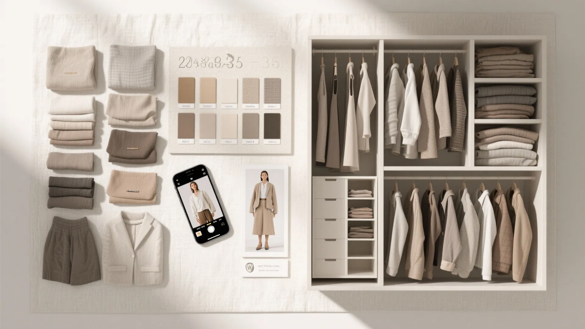 Capsule wardrobe layout showing neutral colored clothing and color palette with a smartphone and photo