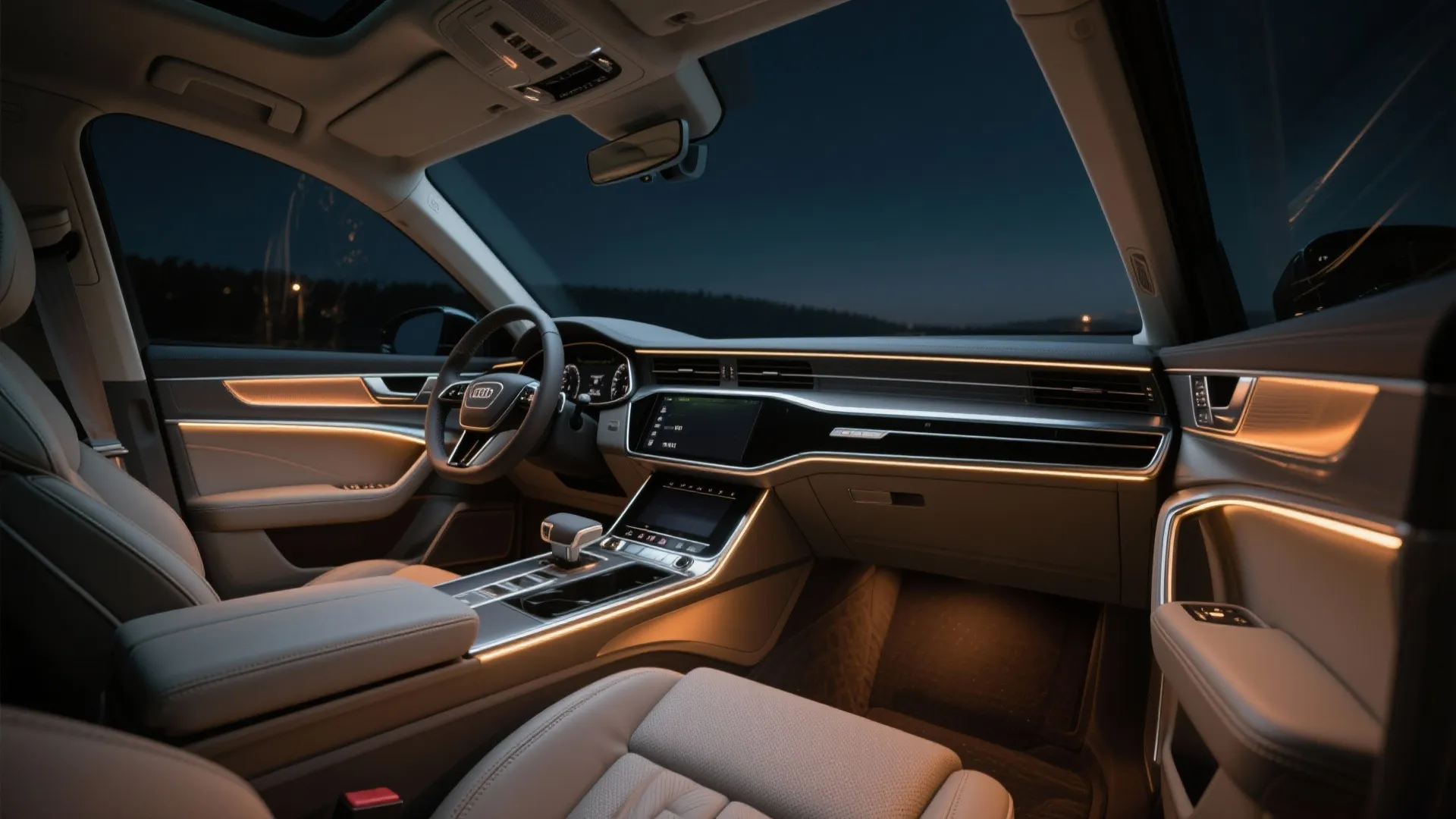 Modern luxury car interior showing warm yellow ambient lighting on the dashboard and beige seats