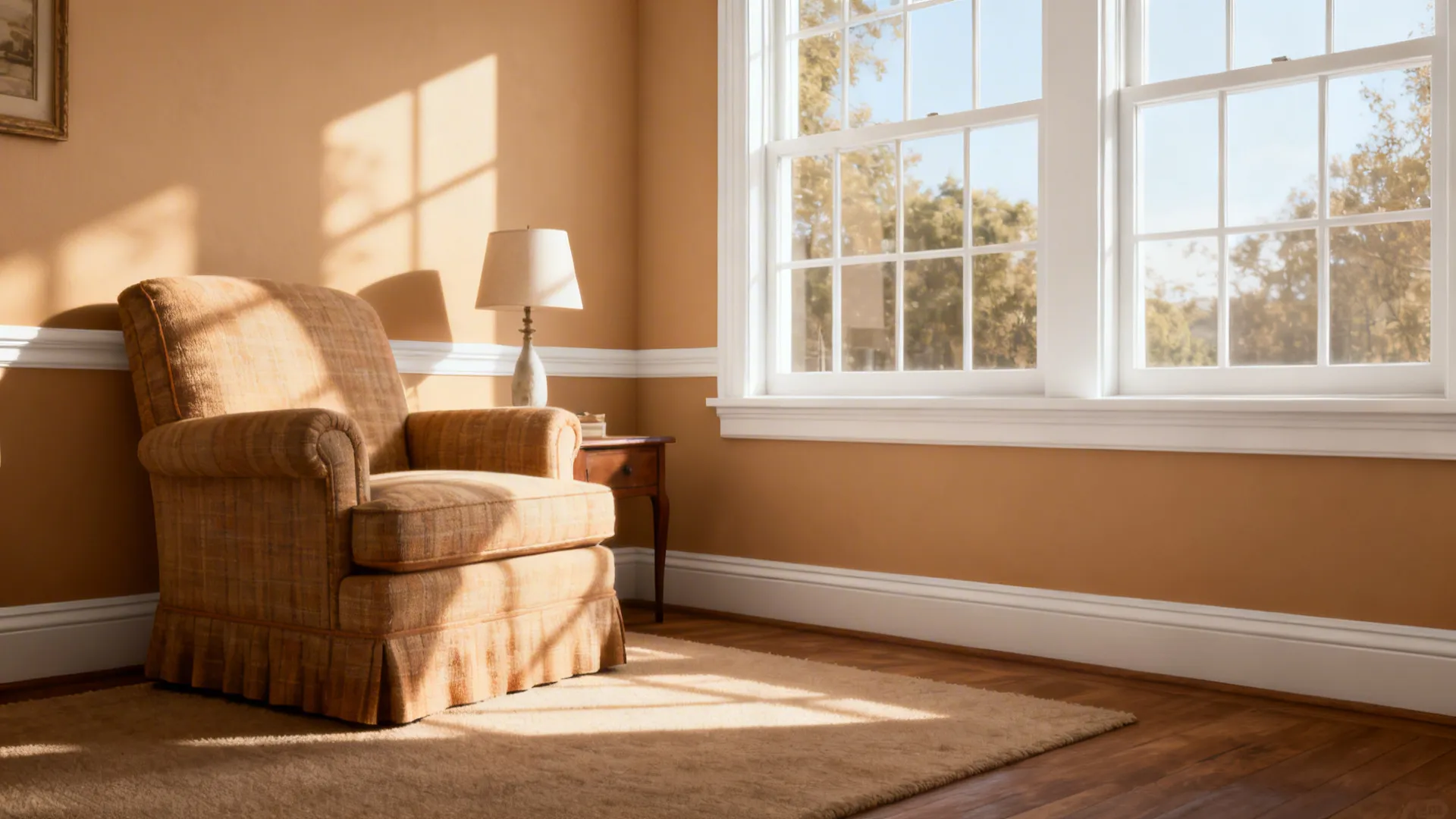 Sunlit living room with caramel beige walls and warm white trim.