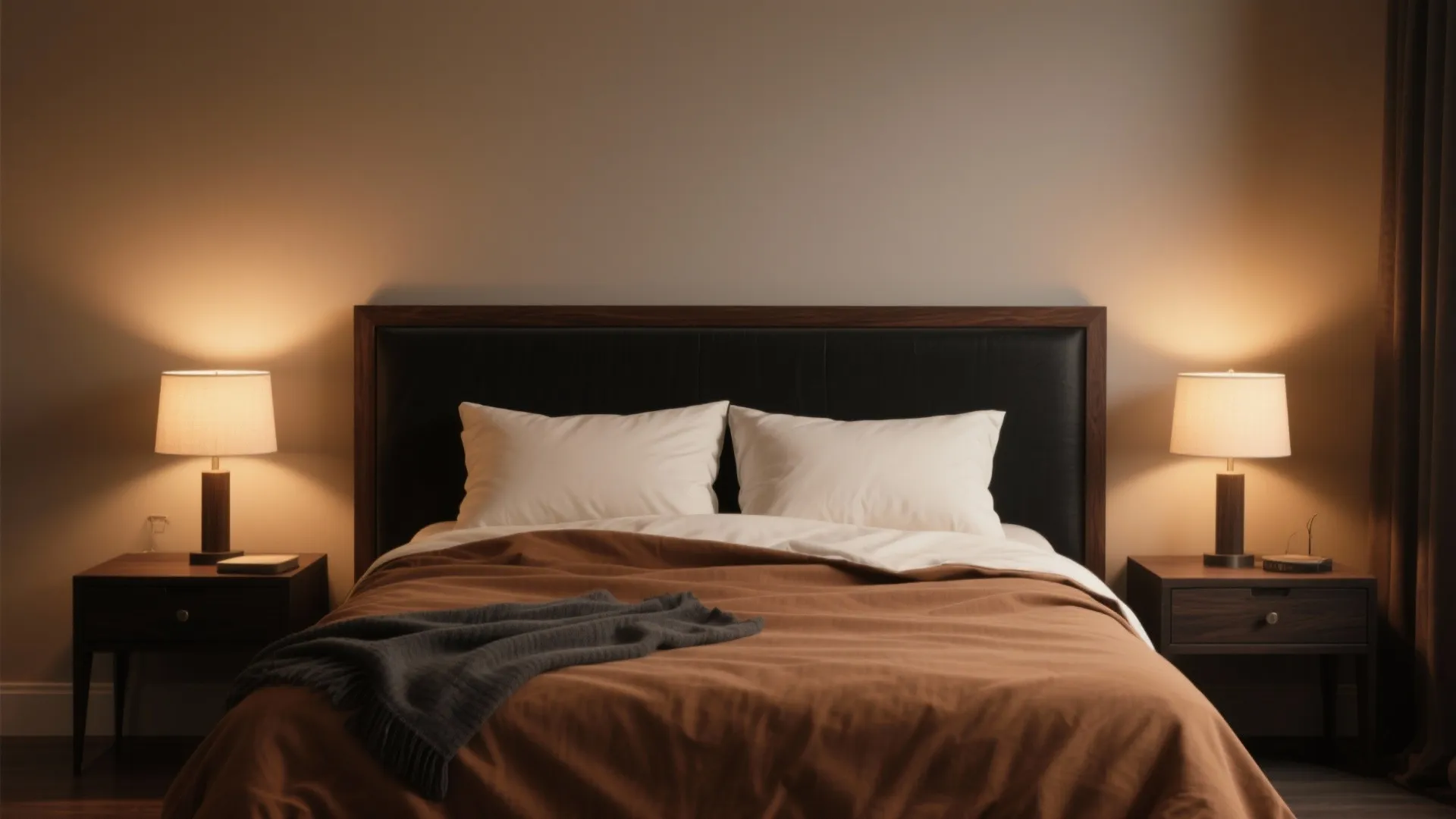 Modern cozy bedroom with brown bedding white pillows wooden nightstands table lights and black headboard