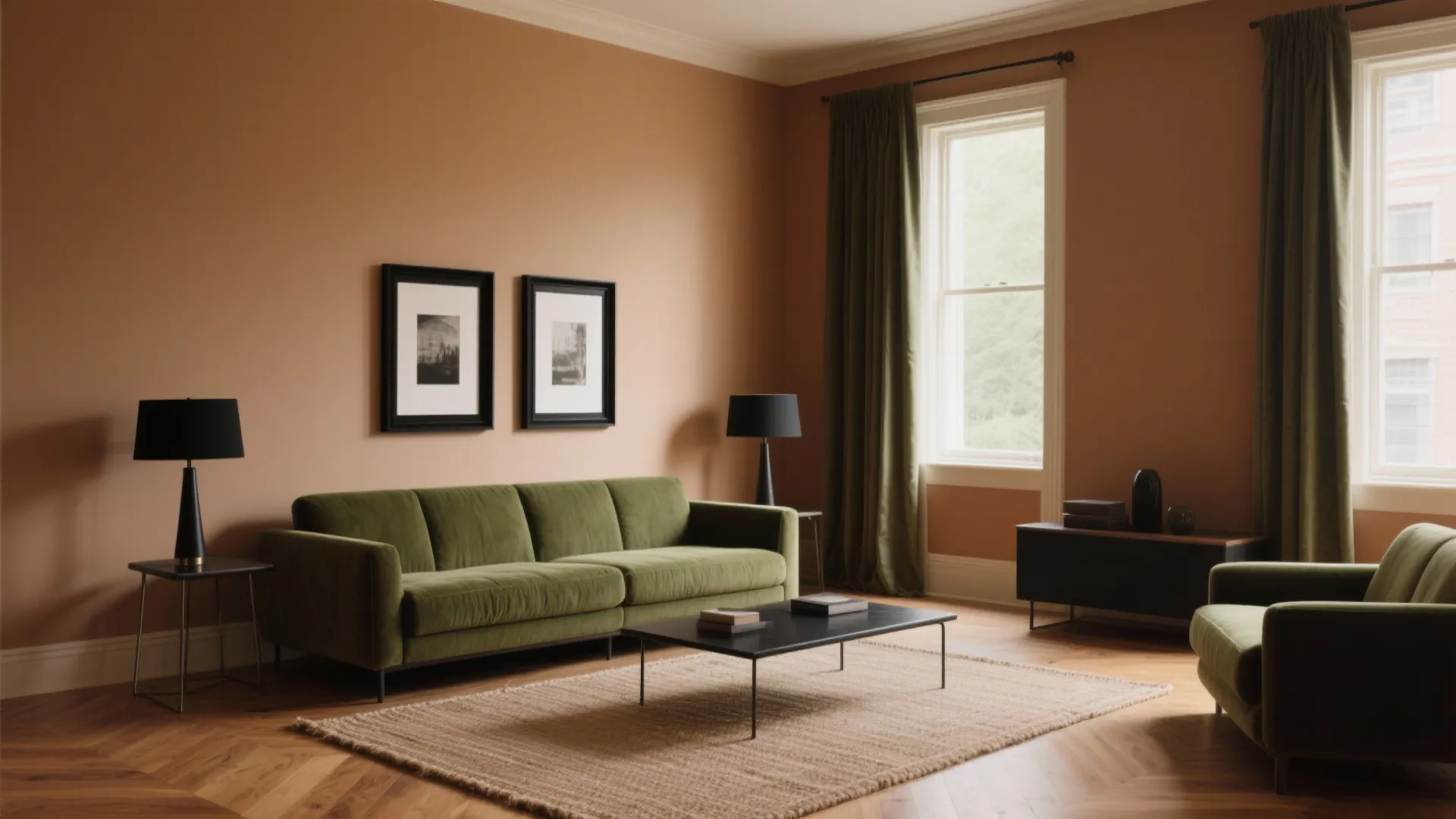 1) Caramel Neutrals + Olive Green + Ink Black