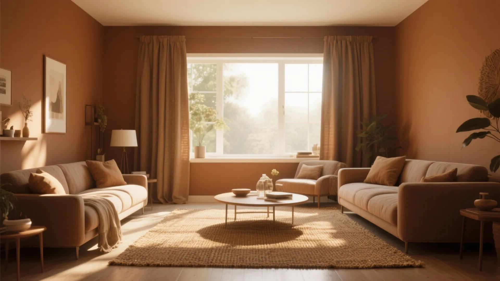 Sunlit living room with orange walls two beige sofas round coffee table rug and large windows