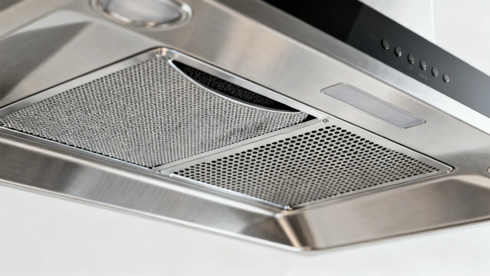 Close-up of ductless hood with metal baffle and carbon filter intake grilles.